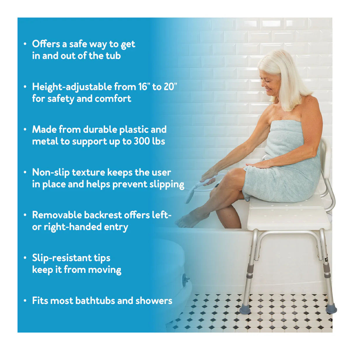 Carex Bathtub Transfer Bench - Adjustable Height Shower Chair with Non-Slip Feet for Elderly & Disabled - Safe Bathing Aid for Seniors, Handicapped & Post-Surgery Recovery (Home & Healthcare Use)