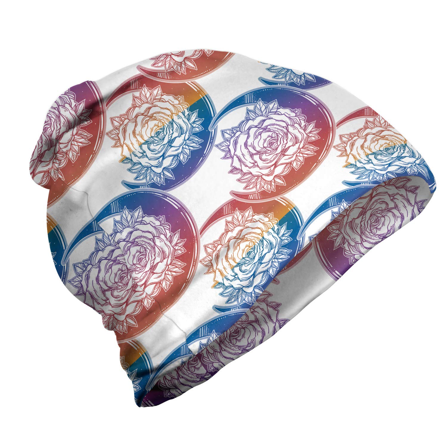 Ambesonne Unisex Beanie - Ombre Style Moon and Rose Design - Warm Winter Hat for Men & Women - Perfect for Hiking, Camping & Outdoor Activities