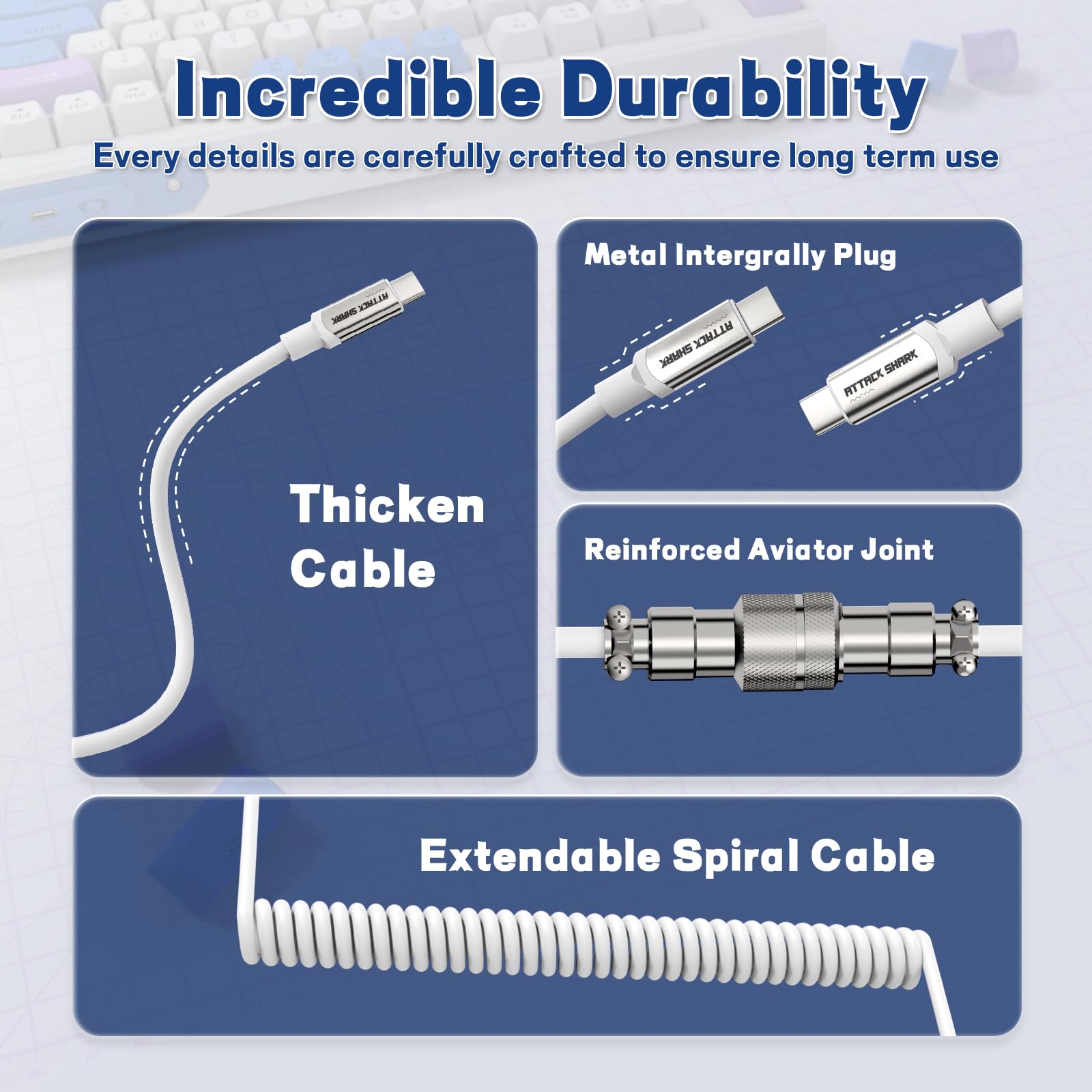 XINMENG Spiral Gaming Keyboard Cable - Extendable Custom TPU USB-C to USB-C Cable with Detachable Metal USB to USB-C Adapter for Mechanical Keyboards & Laptops - White | Perfect for Gaming Setups, Office Workstations & Travel Use