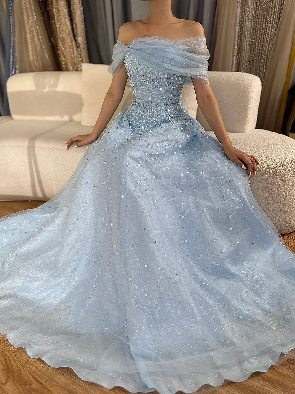 Elegant Blue Beaded Off-Shoulder A-Line Long Evening Gown for Women - Dubai Arabic Inspired Formal Dress LA72009A - Perfect for Weddings, Galas & Special Occasions