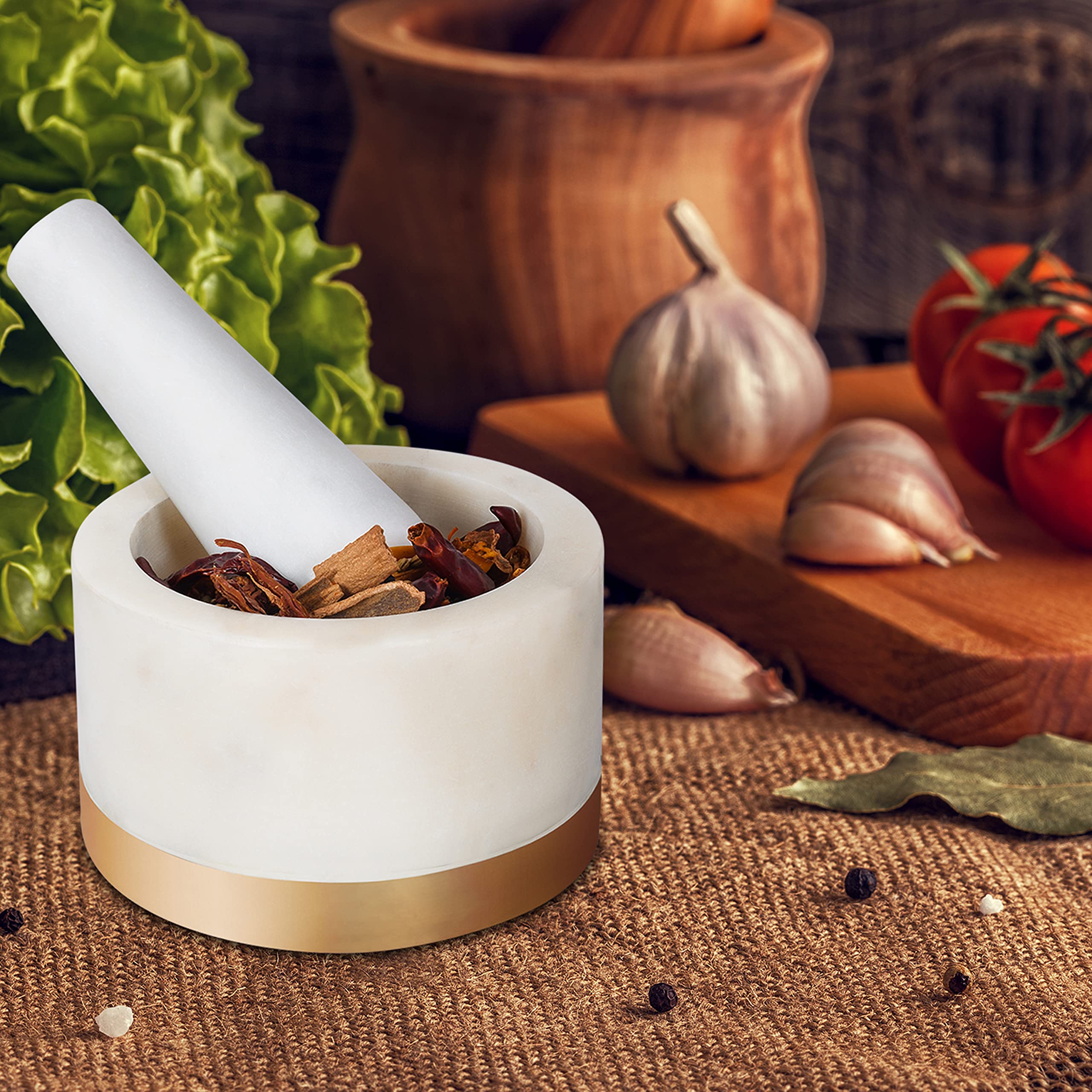 Premium Marble Mortar and Pestle Set with Brass Base - Heavy Duty Natural Stone Grinder for Spices, Herbs, Seasoning & Pastes - Perfect for Kitchen, Cooking, Ayurveda & Herbal Medicine Preparation