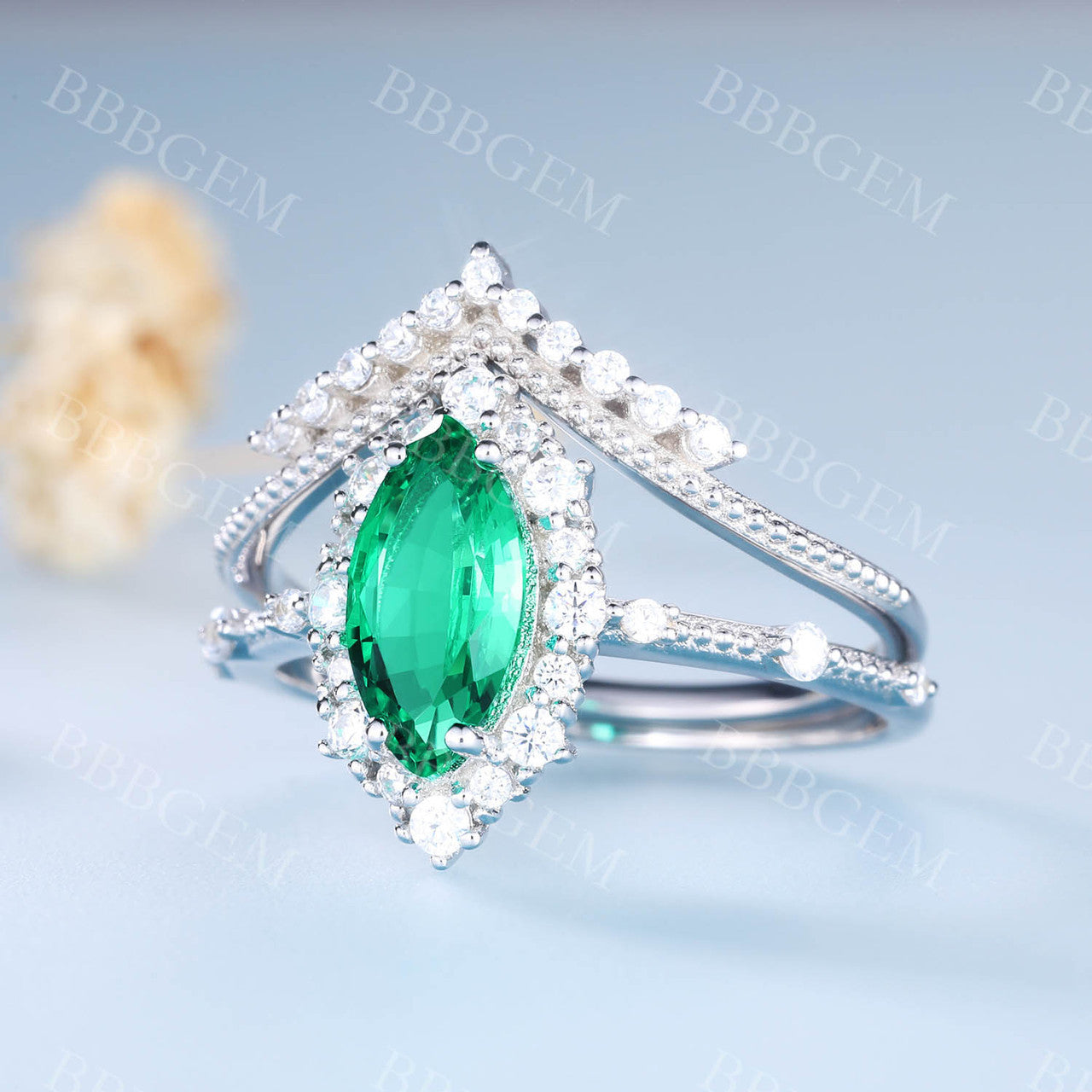 Marquise Emerald Engagement Ring & Wedding Ring Set - V-Curved Stacking Diamond Band for Women | Perfect for Proposals, Anniversaries & Bridal Jewelry