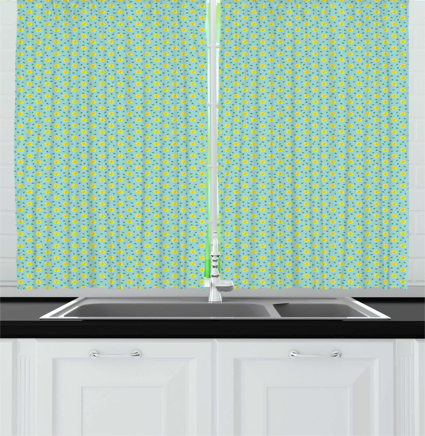 Ambesonne Spring Floral Kitchen Curtains - Minimal Leaves & Yellow Blossoms Print, 2 Panel Rod Pocket Drapes, 55