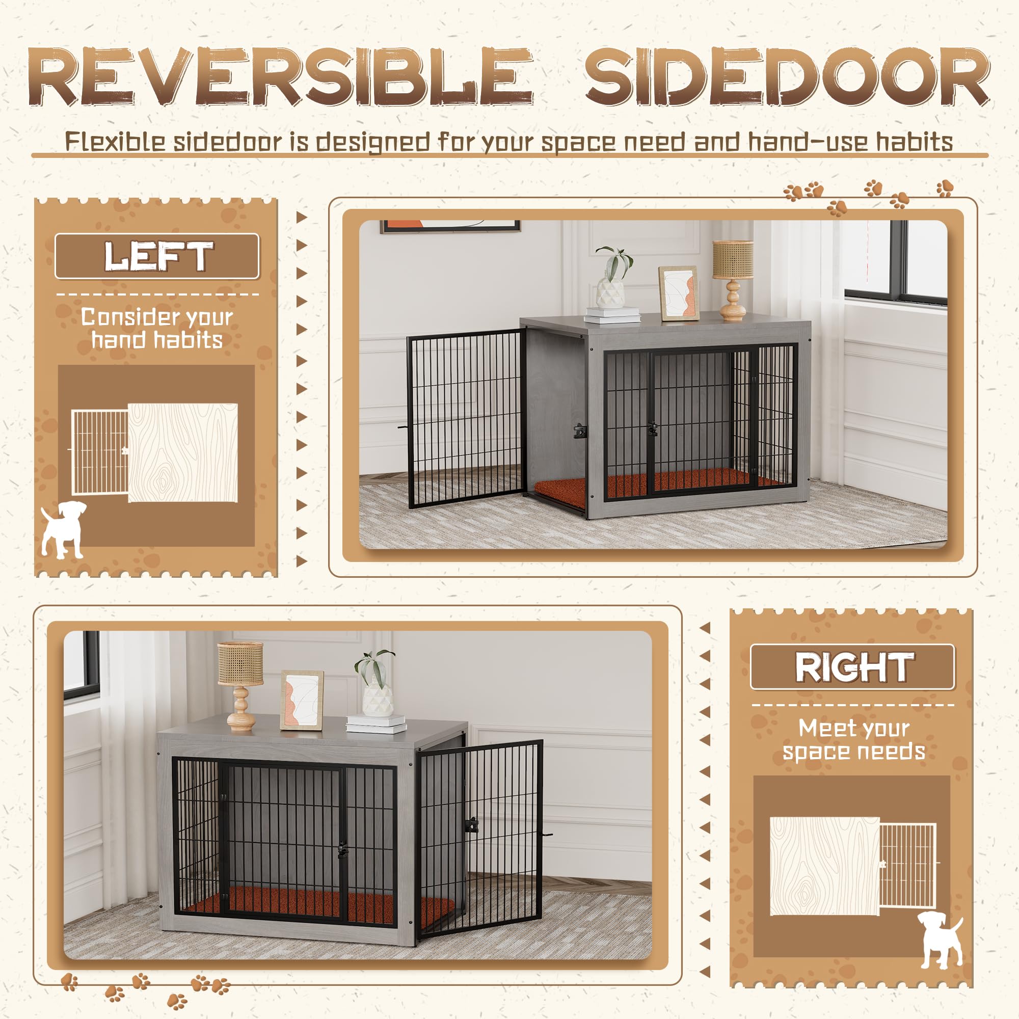 **Stylish Grey Dog Crate Furniture with Soft Cushion - Double Door Indoor Dog Kennel & Side End Table - Easy Assembly Pet House for Small, Medium, Large Dogs (38.8