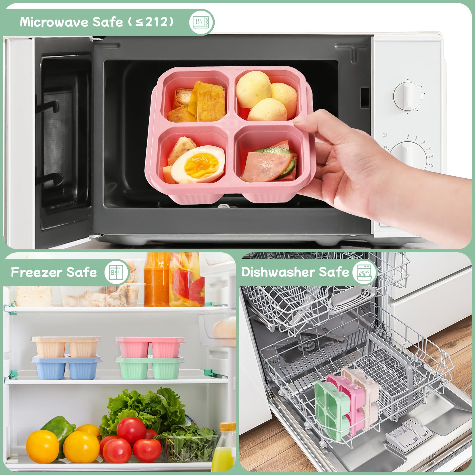 DIMBRAH 4-Pack Reusable Snack Containers with 4 Compartments - Bento Lunch Box for Adults & Kids - Leakproof Food Storage Containers for Work, School, Travel & Picnics - Includes Forks (Perfect for Meal Prep & On-the-Go Snacks)