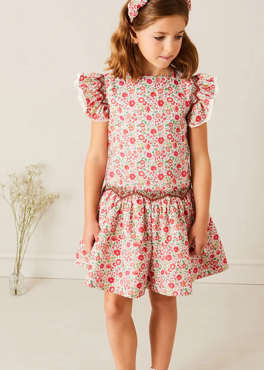 Margot Floral Sleeveless Hand-Smocked Girls Dress in Red - Liberty Fabric (Ages 4-12 Years) | Perfect for Summer Parties, Weddings & Special Occasions