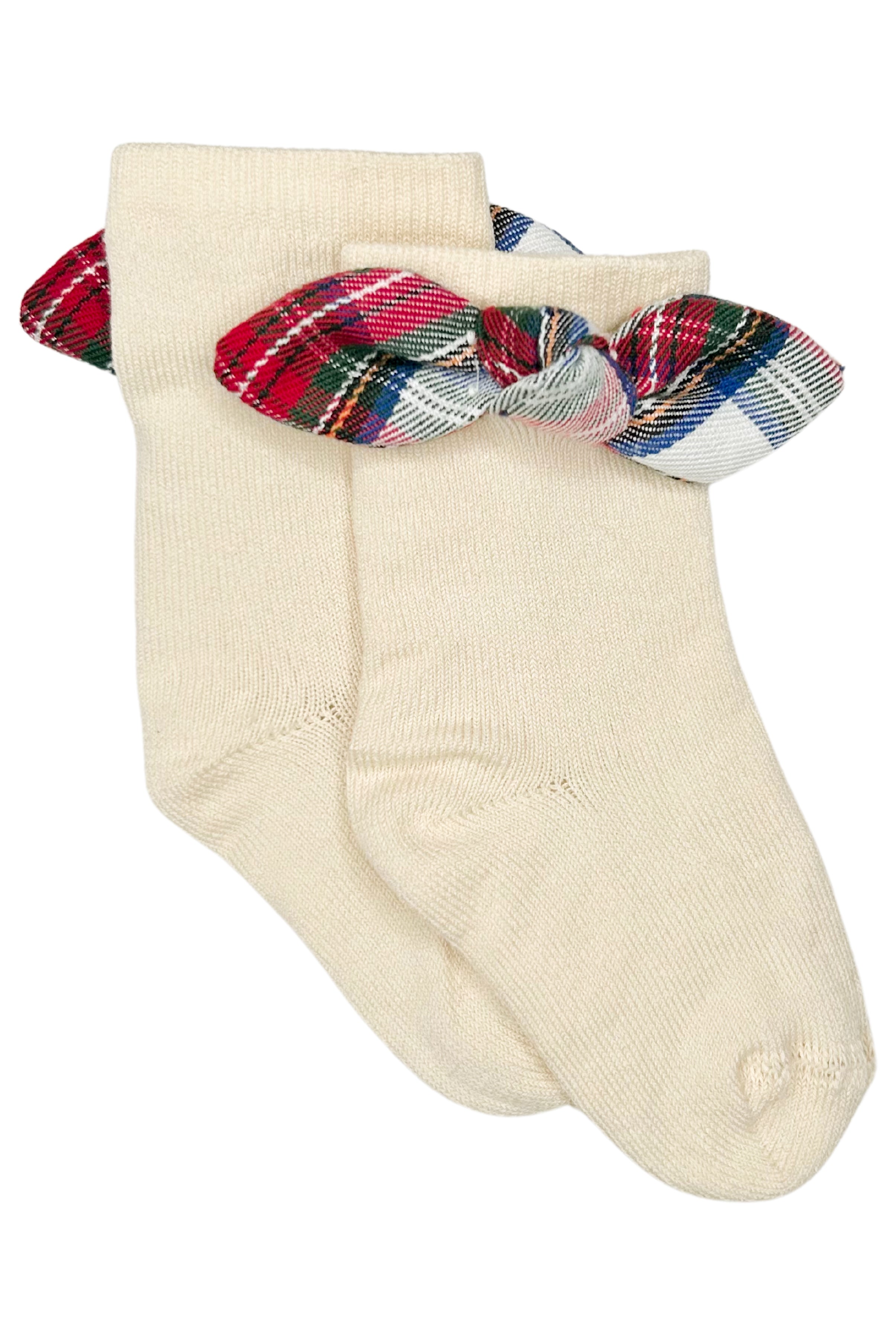 Cream Tartan Bow Knee High Socks for Women - Warm Winter Knitted Thigh High Stockings - Perfect for Christmas, Cosplay, and Outfits