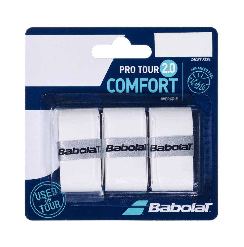 Babolat Pro Tour Overgrip 2.0 - 3 Pack (White) | Tennis Racket Grip Tape for Enhanced Comfort & Sweat Absorption | Perfect for Tennis, Badminton & Racquetball Players