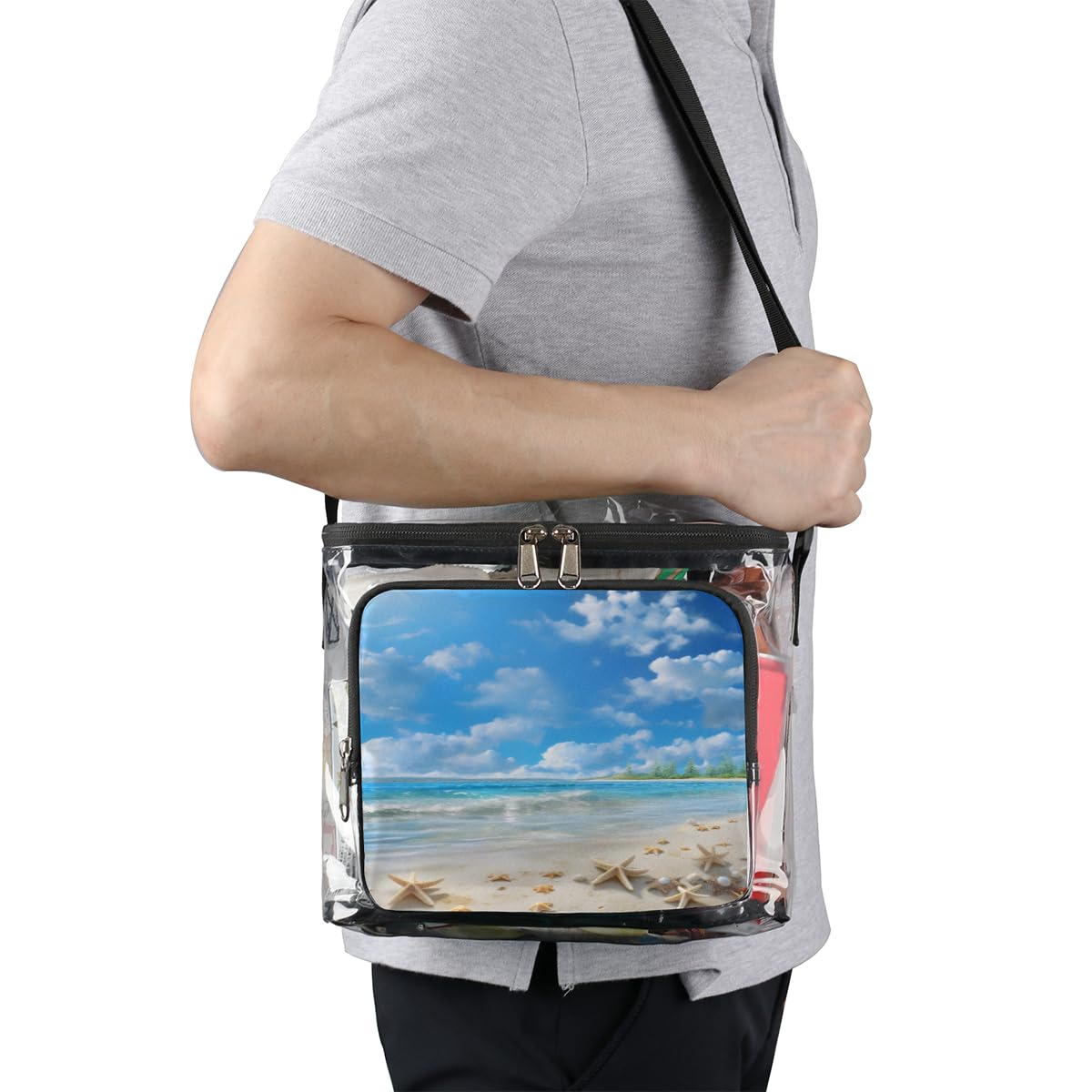 GzLeyigou Clear Transparent Tote Bag with Handles - Blue Sky Beach Starfish Shell Design - Crossbody Shoulder Bag & Lunch Tote for Outdoor Activities, Travel, Picnic, Concerts & Sports Events (Stadium Approved) - Perfect for Beach Days, Music Festivals and Summer Adventures