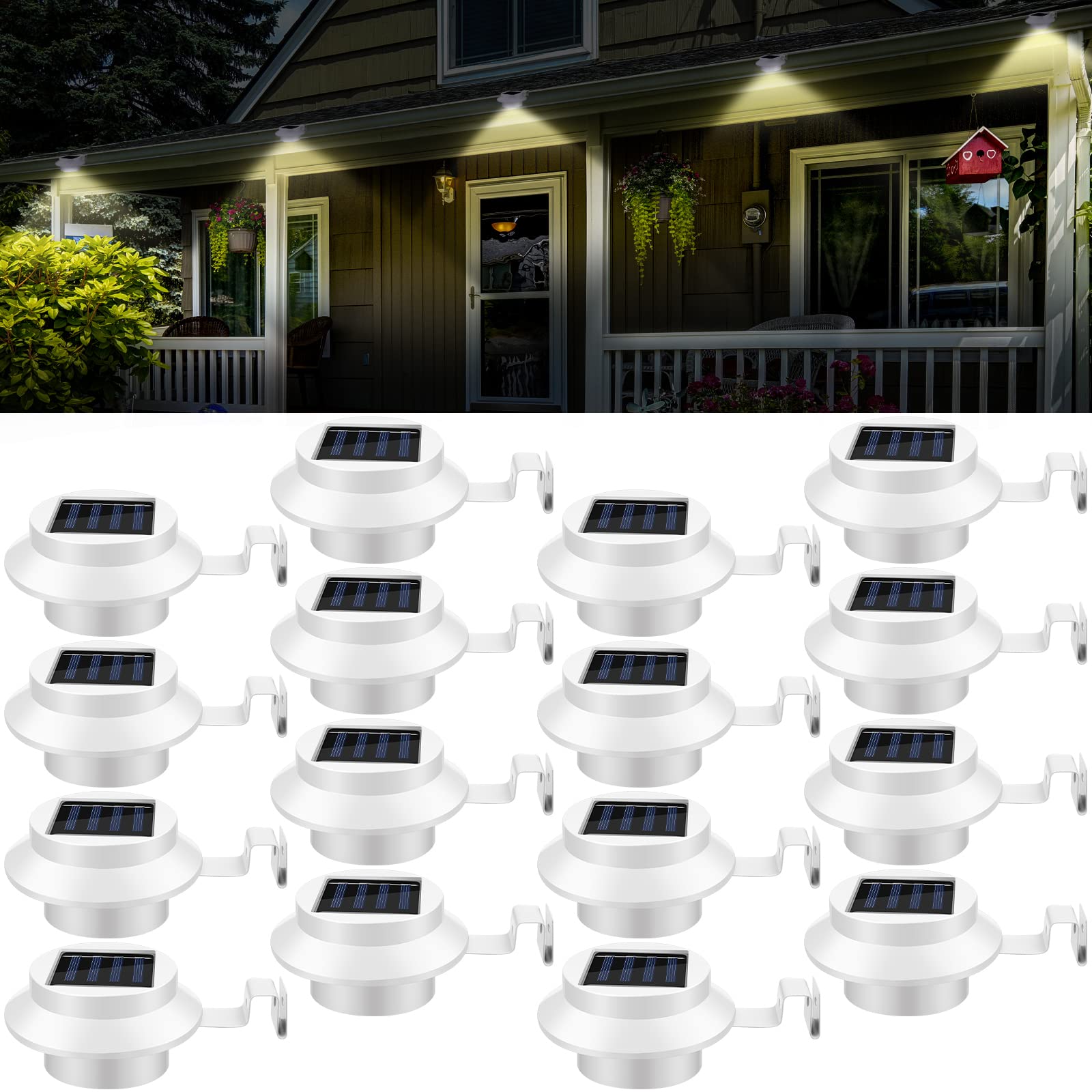 16 Pack Solar Powered LED Gutter Lights - Outdoor Waterproof Deck & Garden Lighting with Bracket for Fence, Wall, Stair, Pathway - White & Warm Light Options - Perfect for Landscape, Yard, and Home Exterior Decor