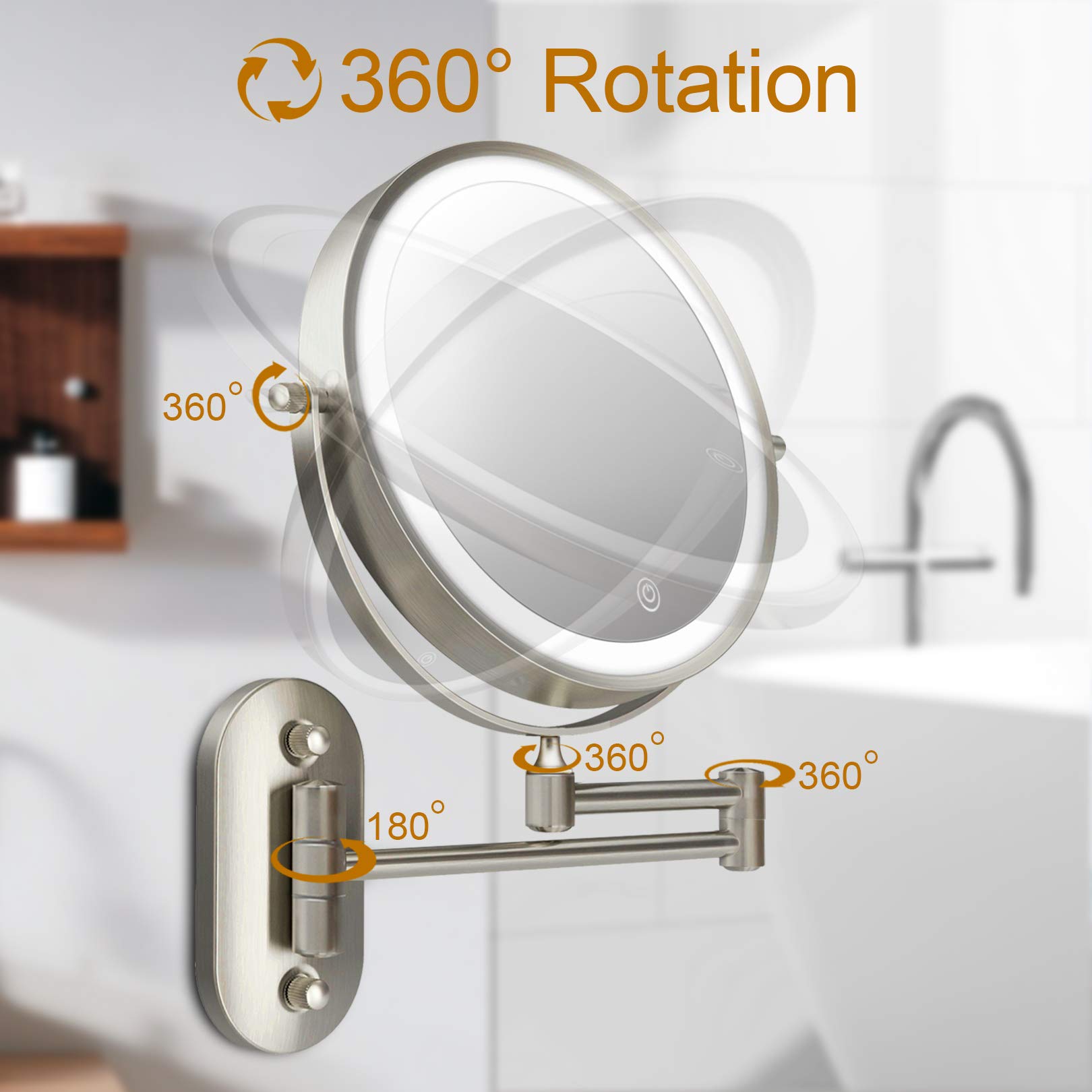 FASCINATE 8'' Rechargeable LED Makeup Mirror - Wall Mounted & Extendable Vanity Mirror with 1X/10X Magnification, 3 Color Lighting Modes & Touch Dimming - Perfect for Bathroom, Bedroom & Dressing Room Makeup Application