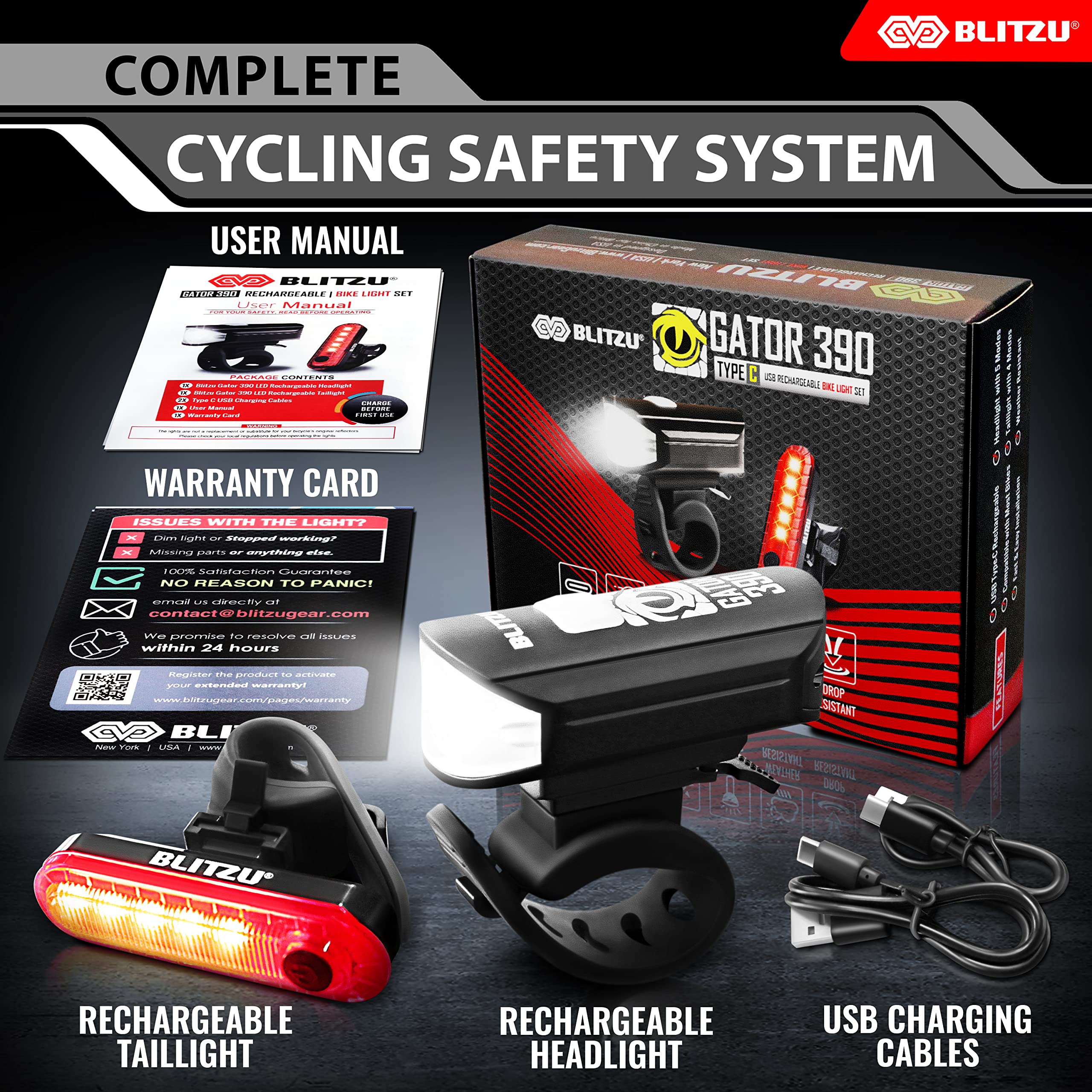 BLITZU Ultra Bright USB-C Rechargeable Bike Light Set - 1200 Lumen Waterproof Bicycle Headlight & Taillight Combo for Night Riding - Easy Install Cycling Safety Lights for Road/Mountain Bikes - Perfect for Commuting, Trail Adventures & Family Cycling