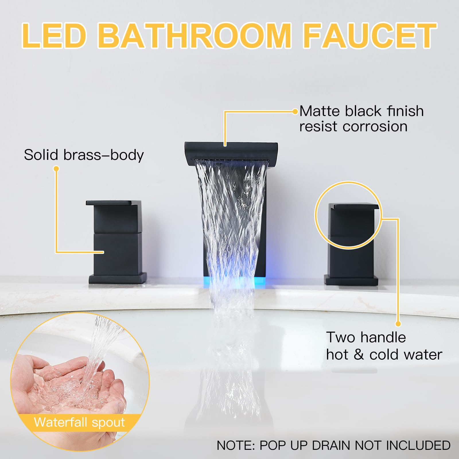 BESy LED 3-Hole Bathroom Sink Faucet - Modern Waterfall Bathroom Faucet with Motion Sensor for Vanity, Powder Room & Guest Bath | Energy Efficient & Touchless Design