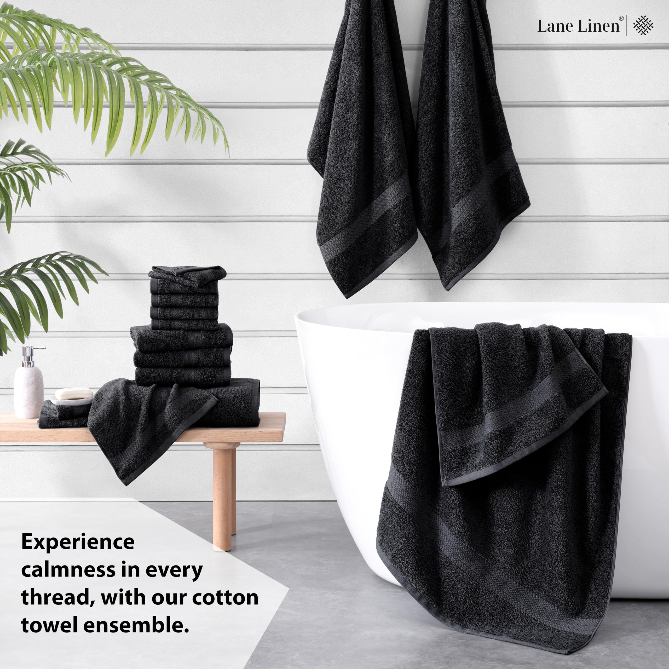 LANE LINEN 16-Piece Luxury Bath Towel Set - 100% Premium Cotton, Ultra-Absorbent & Soft Bathroom Towels (4 Bath Towels, 4 Hand Towels, 8 Washcloths) - Black - Perfect for Spa, Hotel & Home Bathroom Use