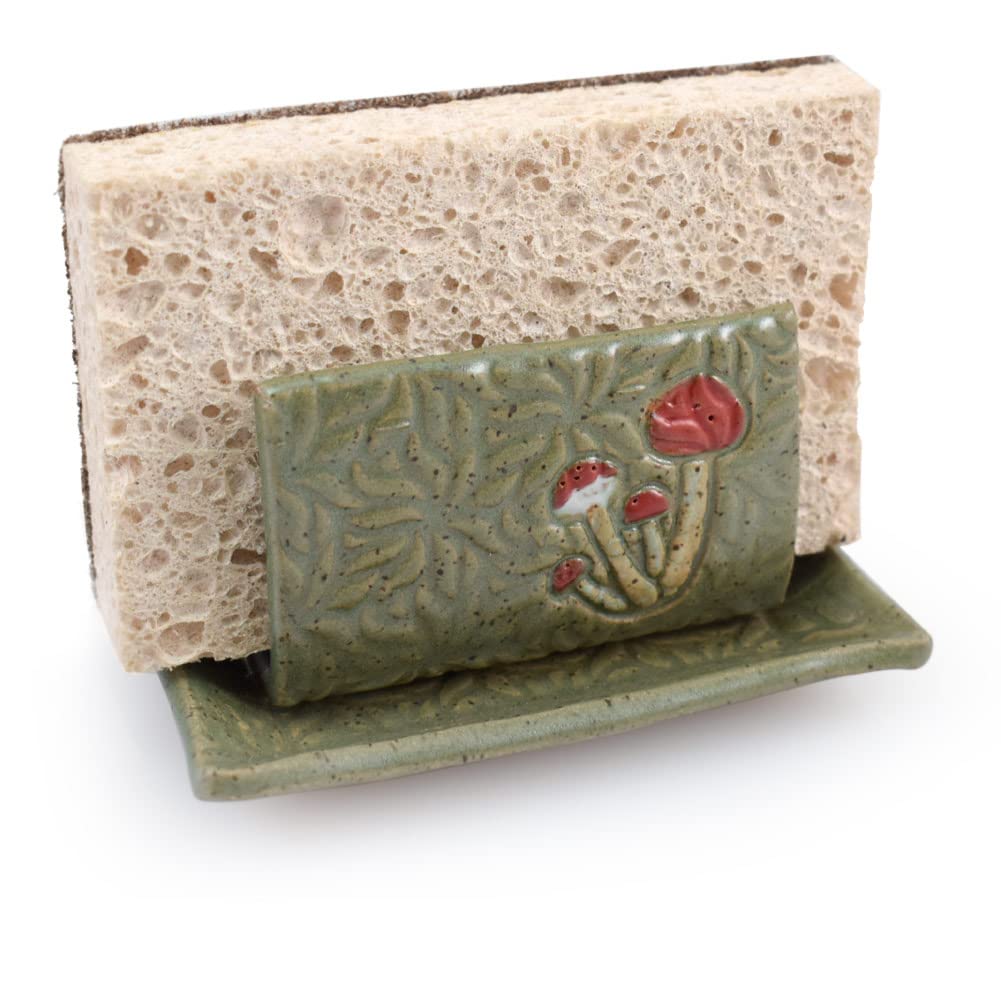 Retro Earthy Green Mushroom Sponge Holder - Handmade Pottery for Kitchen & Bathroom Decor