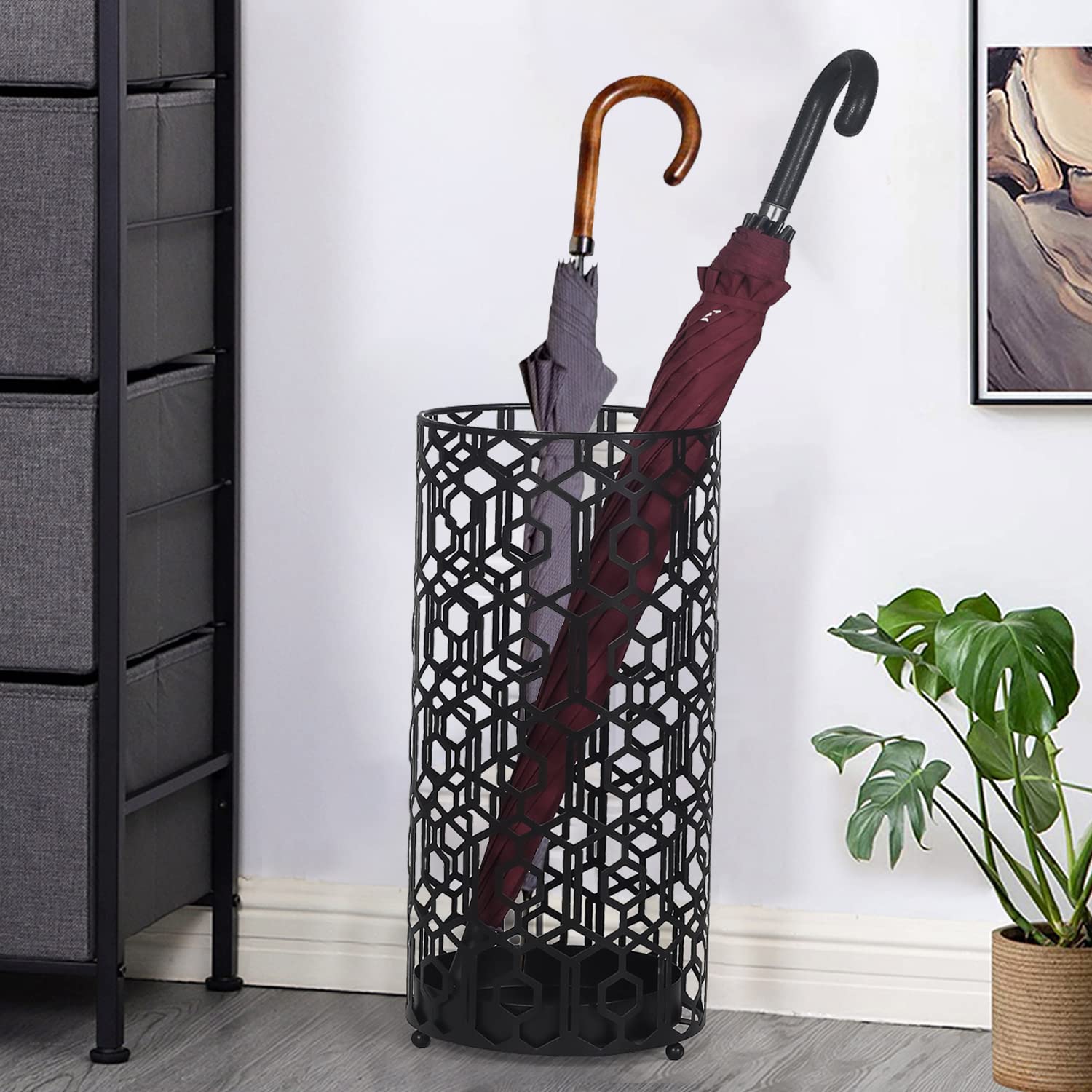 Adeco Heavy Duty Metal Umbrella Stand - Black Round Umbrella Holder for Indoor & Outdoor Use - Perfect for Entryway, Porch, Garden, and Patio Organization