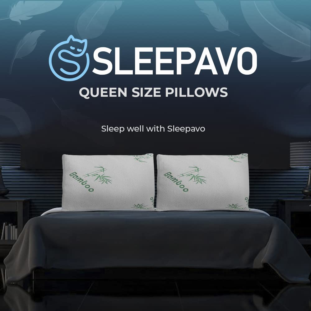 Cooling Memory Foam Pillows Queen Size Set of 4 - Breathable Bamboo Rayon Cover for Back, Stomach & Side Sleepers - Shredded Firm Support Pillow for Neck Pain Relief - Perfect for Hot Sleepers, Home & Hotel Use