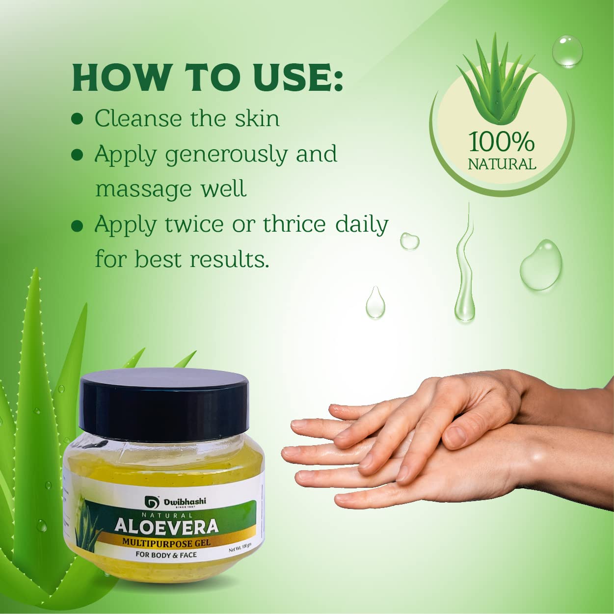 Dwibhashi Pure Aloe Vera Gel - 100g for Skin Care, Sunburn Relief & Hair Hydration | Natural Moisturizer for Face, Body & Scalp