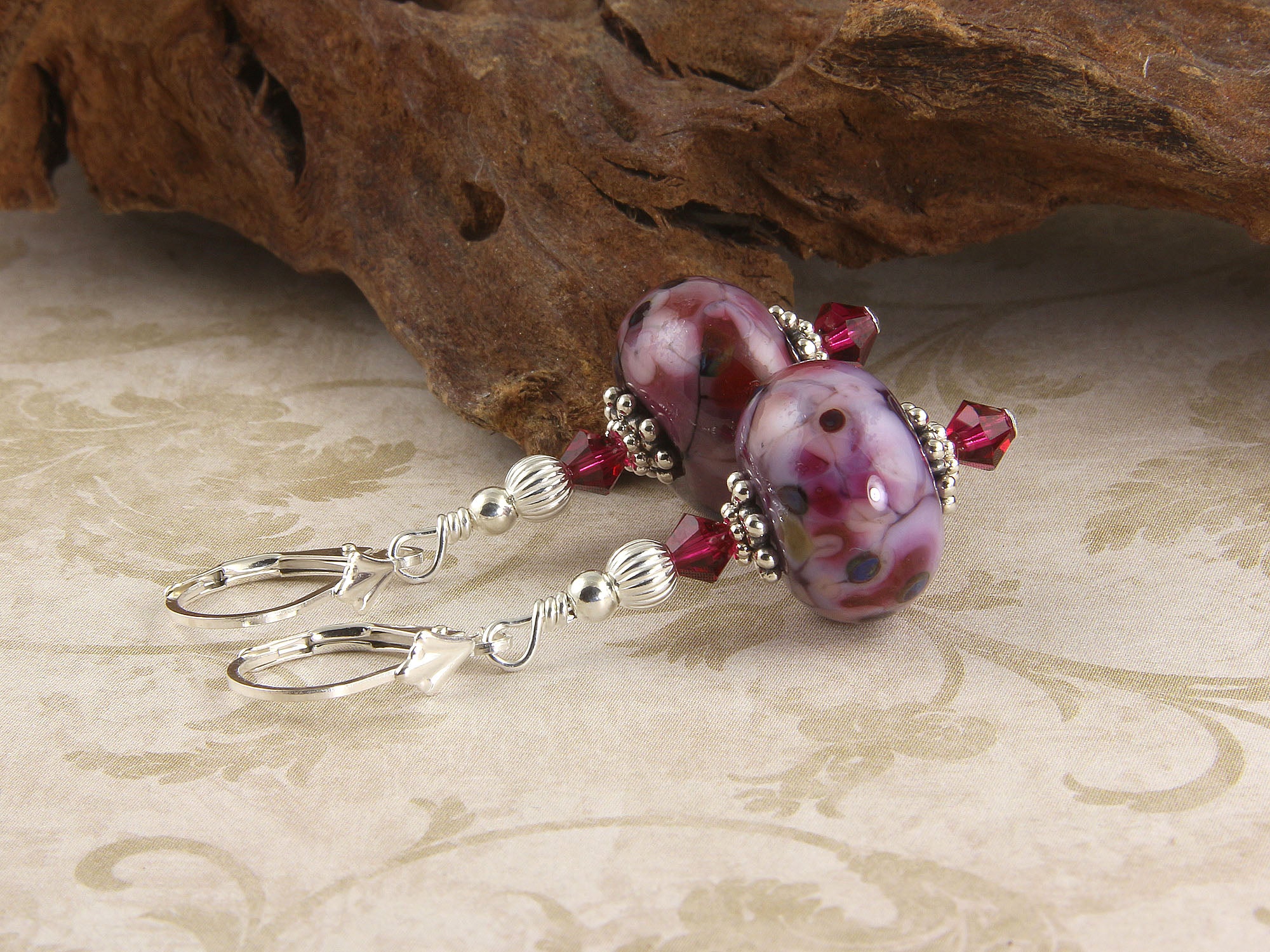 Handmade Ruby Violet Mosaic Lampwork Glass Earrings for Women - Boho Chic Jewelry Gift for Birthday, Wedding & Special Occasions