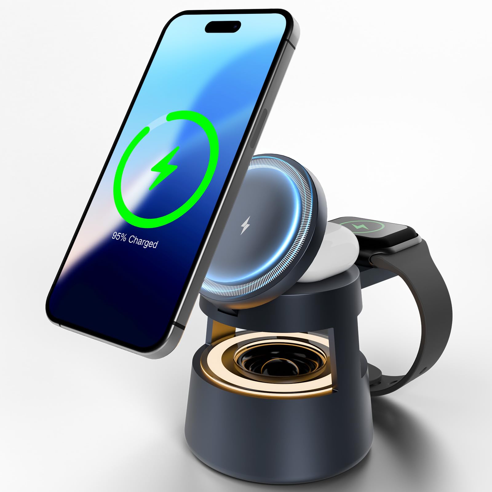 5-in-1 MagSafe Wireless Charging Station with Bluetooth Nightlight - Fast Charging for iPhone 16/15/14/13/12 Pro Max, Apple Watch Ultra 10/9/8/7/6 & AirPods Pro 4/3/2 - Compact Travel Stand for Bedroom, Office & Nighttime Charging