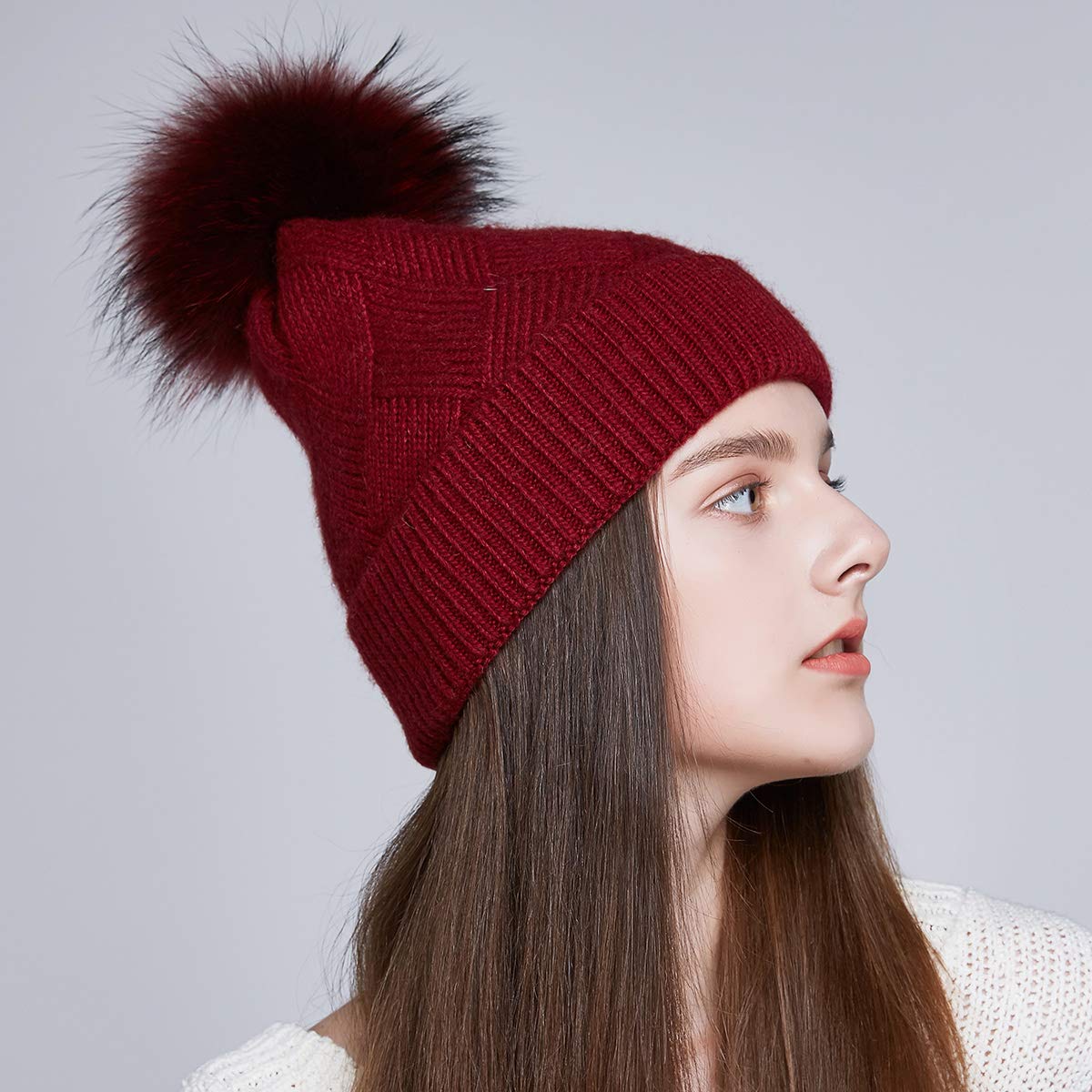 Women's Winter Knit Beanie Hat with Fur Pom Pom - Soft Wool Ski Cap for Warmth & Style - Perfect for Skiing, Snowboarding & Cold Weather Fashion