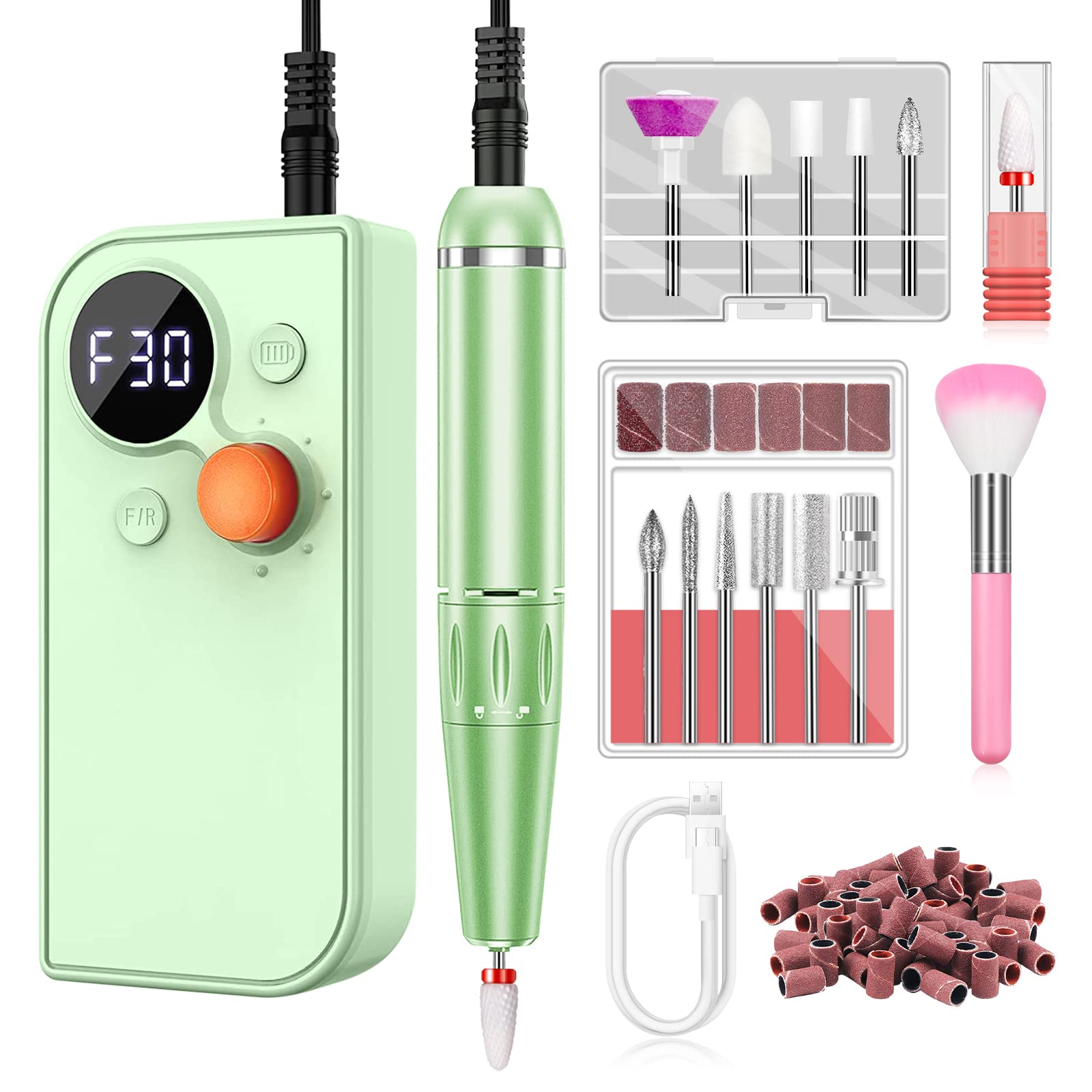 Saviland 30000RPM Rechargeable Cordless Electric Nail Drill Kit - Professional Manicure & Pedicure Machine with Nail Drill Bits for Acrylic & Gel Nails - Perfect for Home & Salon Use (Green)