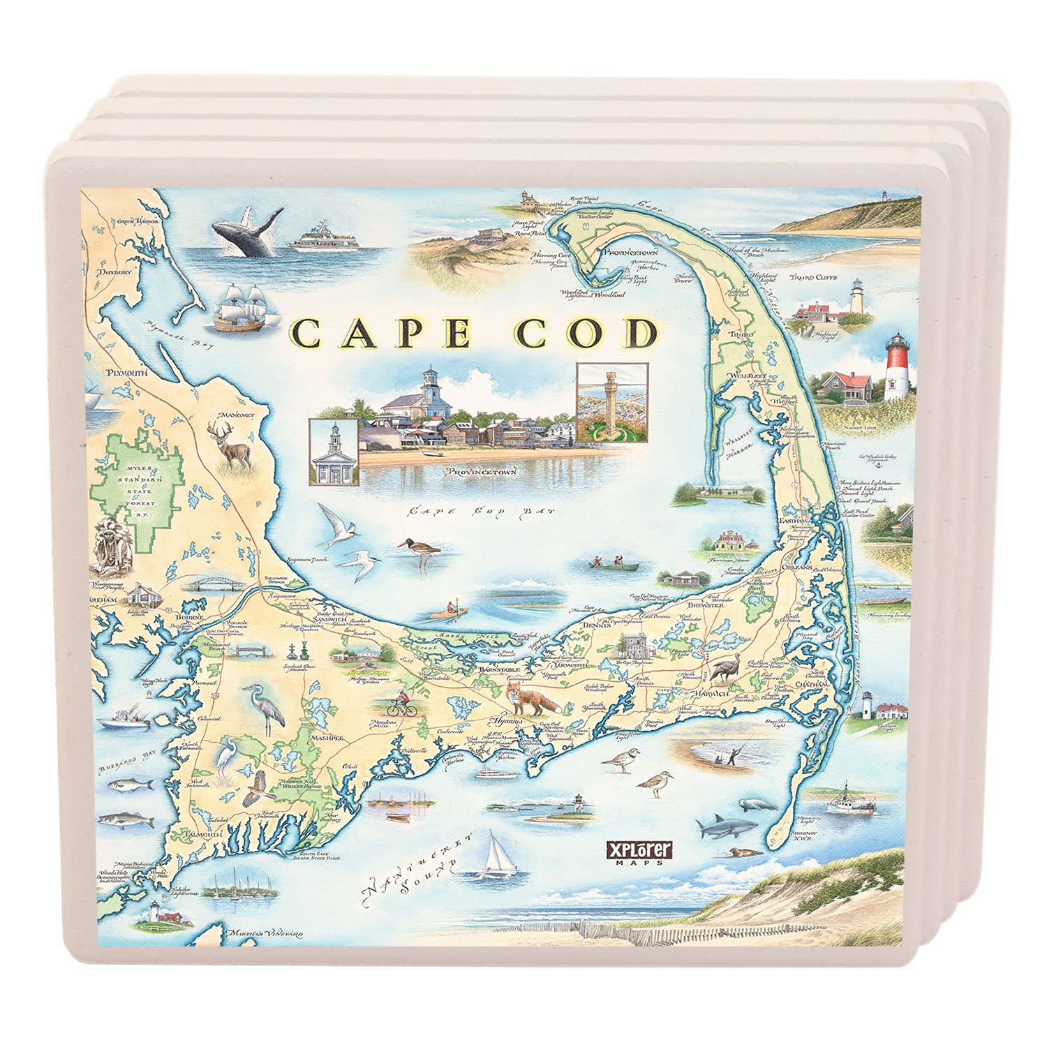 Premium Cape Cod Ceramic Coasters Set of 4 - Non-Slip Drink Coasters for Coffee Table, Bar, Office & Home Decor - Elegant Coastal Design for Protecting Furniture