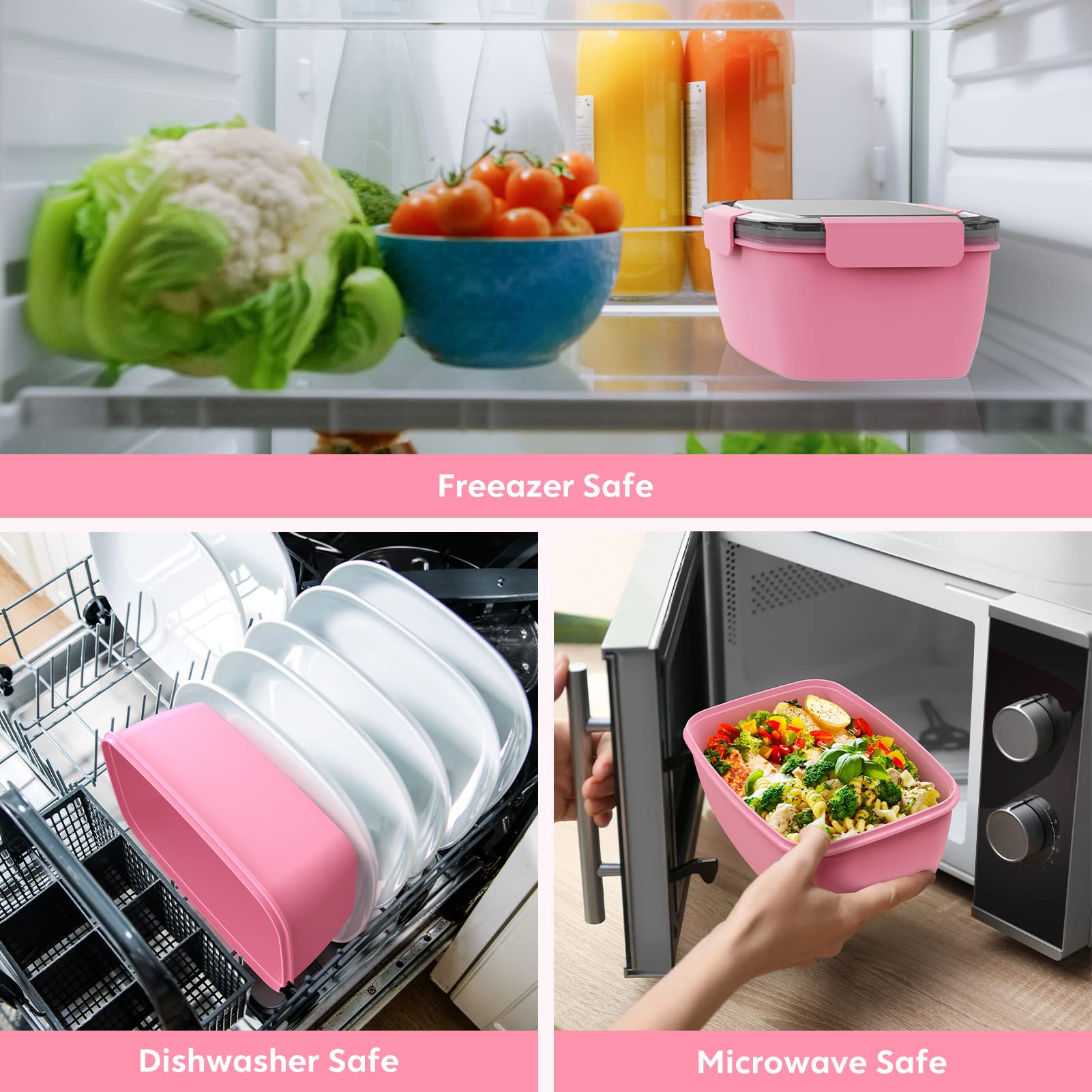 Cherrysea 2-Pack 68oz BPA-Free Salad Lunch Container with 4 Compartments & Leak-Proof Lid - Includes Fork & Sauce Container for Dressings - Perfect for Office Lunch, Meal Prep, Picnics & Healthy Eating (Pink)