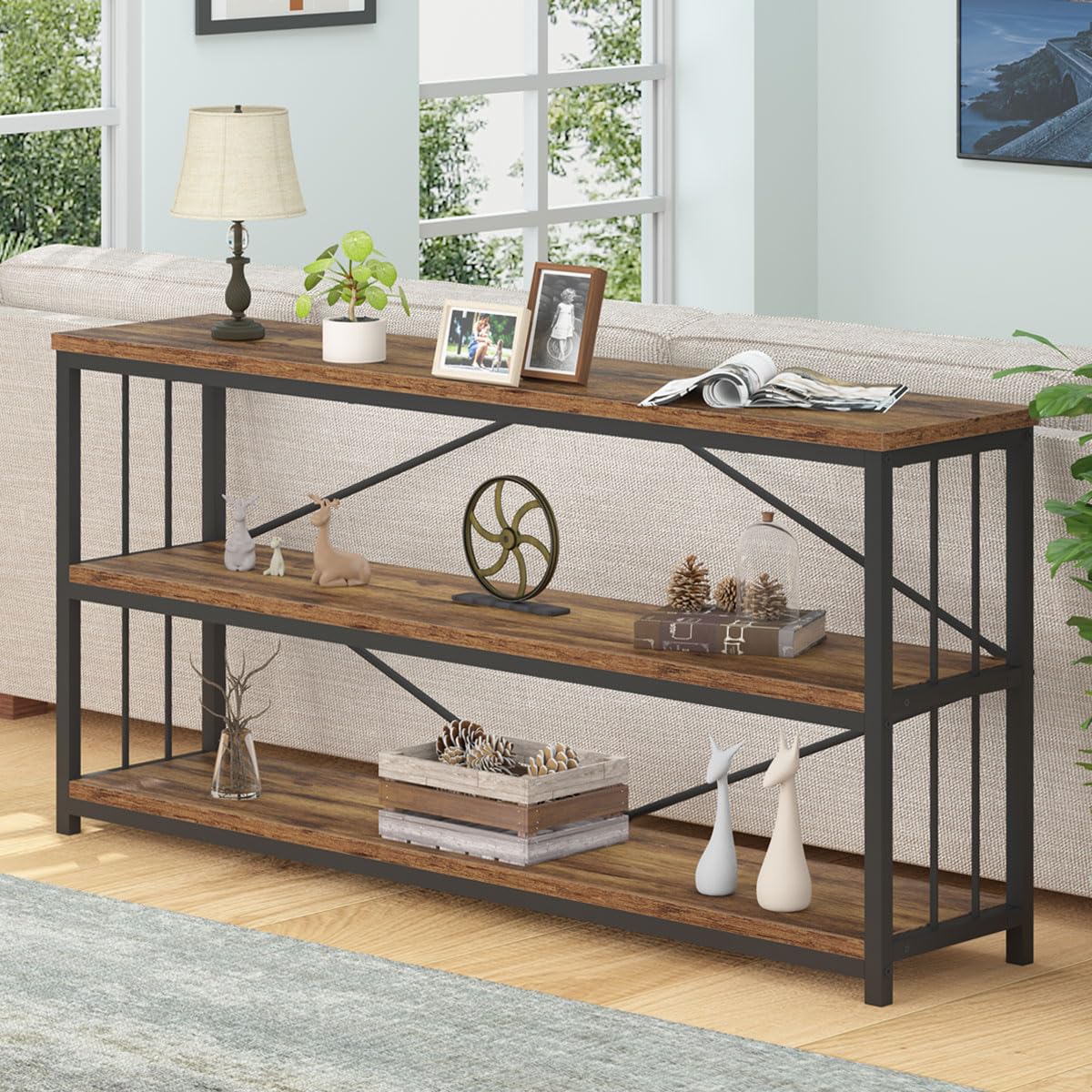 LVB Rustic 3-Tier Entryway Table - Industrial Long Wood Sofa Table Behind Couch - Farmhouse Narrow Console Table with Storage Shelf - Modern Hallway Entry Table for Foyer & Living Room - Rustic Brown (63