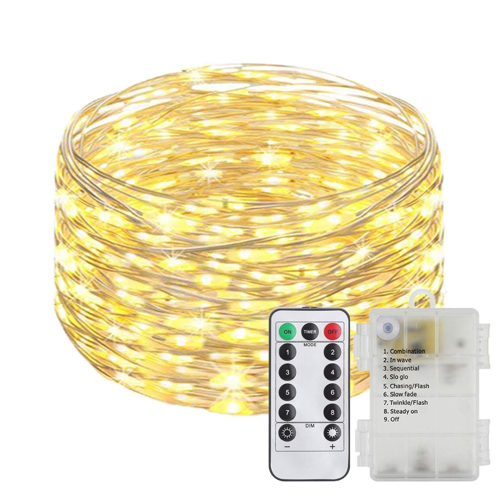 Battery Operated Fairy Lights - 33ft 100 LED Waterproof String Lights with Remote & Timer, 8 Lighting Modes, Silver Coated Copper Wire for Indoor/Outdoor Decor (Warm White) - Perfect for Bedroom, Wedding, Party, Garden, Christmas and Home Decoration