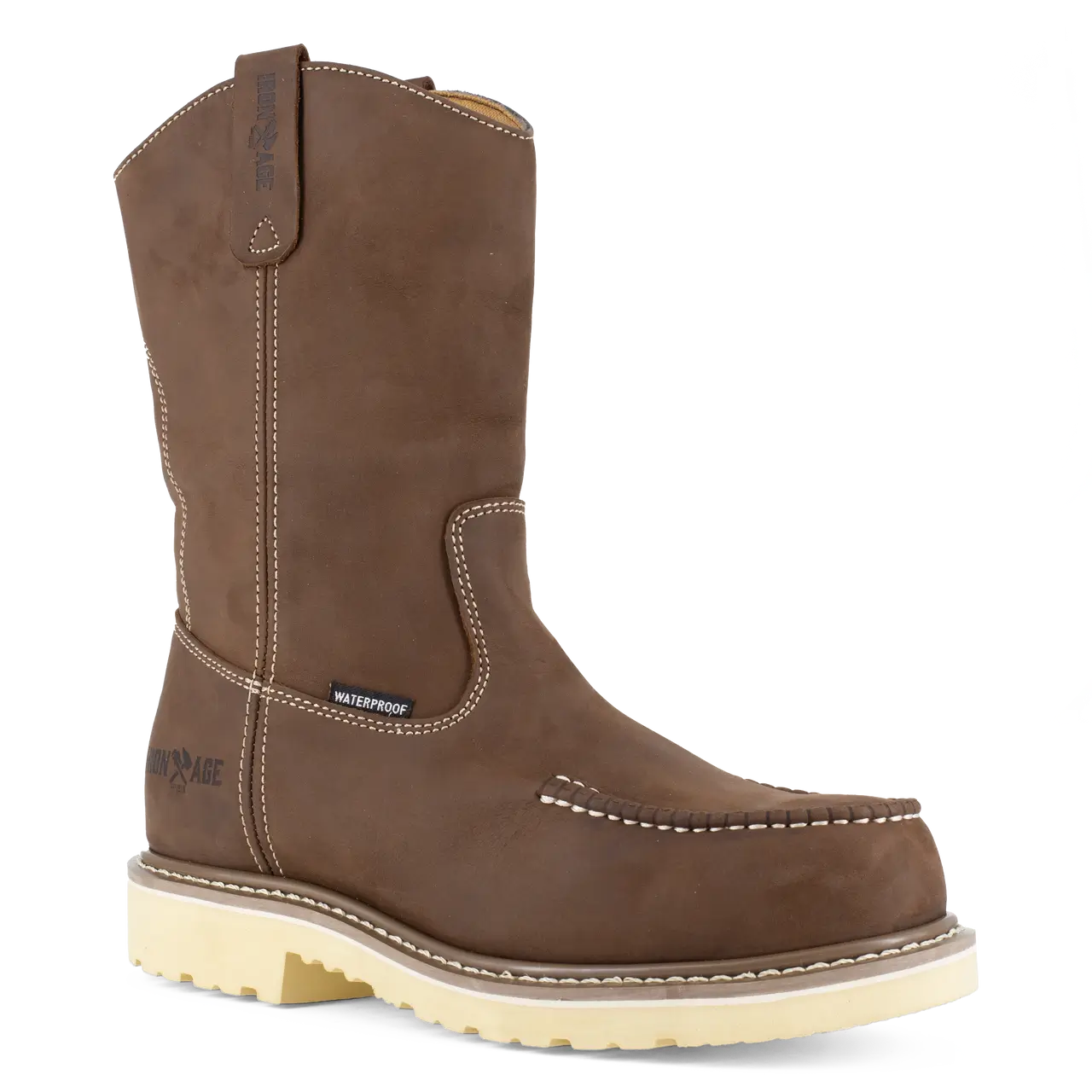 Men's 11 Inch Waterproof Composite Toe Work Boots - Slip Resistant Pull On Moc Toe for Construction & Outdoor Jobs - Brown Safety Shoes for Heavy Duty Work
