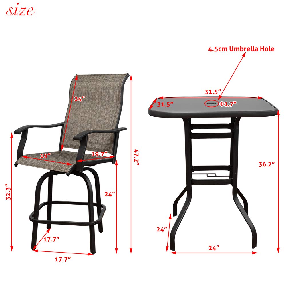 360° Swivel Patio Bar Set - Outdoor Height Bistro Chairs & Table (3pc) - All-Weather Steel Frame Furniture for Backyard, Garden, Deck & Poolside Relaxation