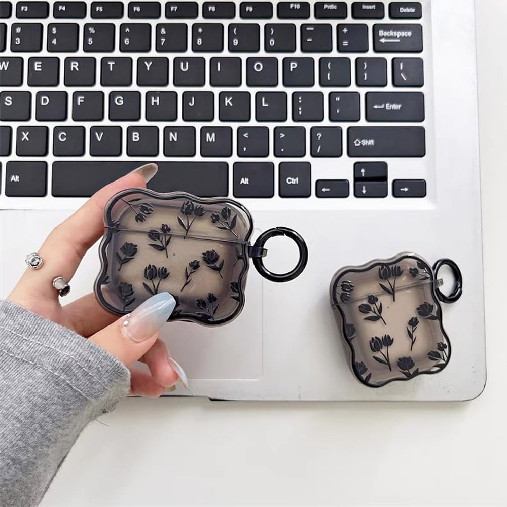 Cute Black Flower AirPods Pro Case with Keychain - Soft Silicone Protective Cover for AirPods Pro Charging Case - Kawaii Cartoon Design for Women, Girls & Kids - Perfect for School, Travel & Daily Use