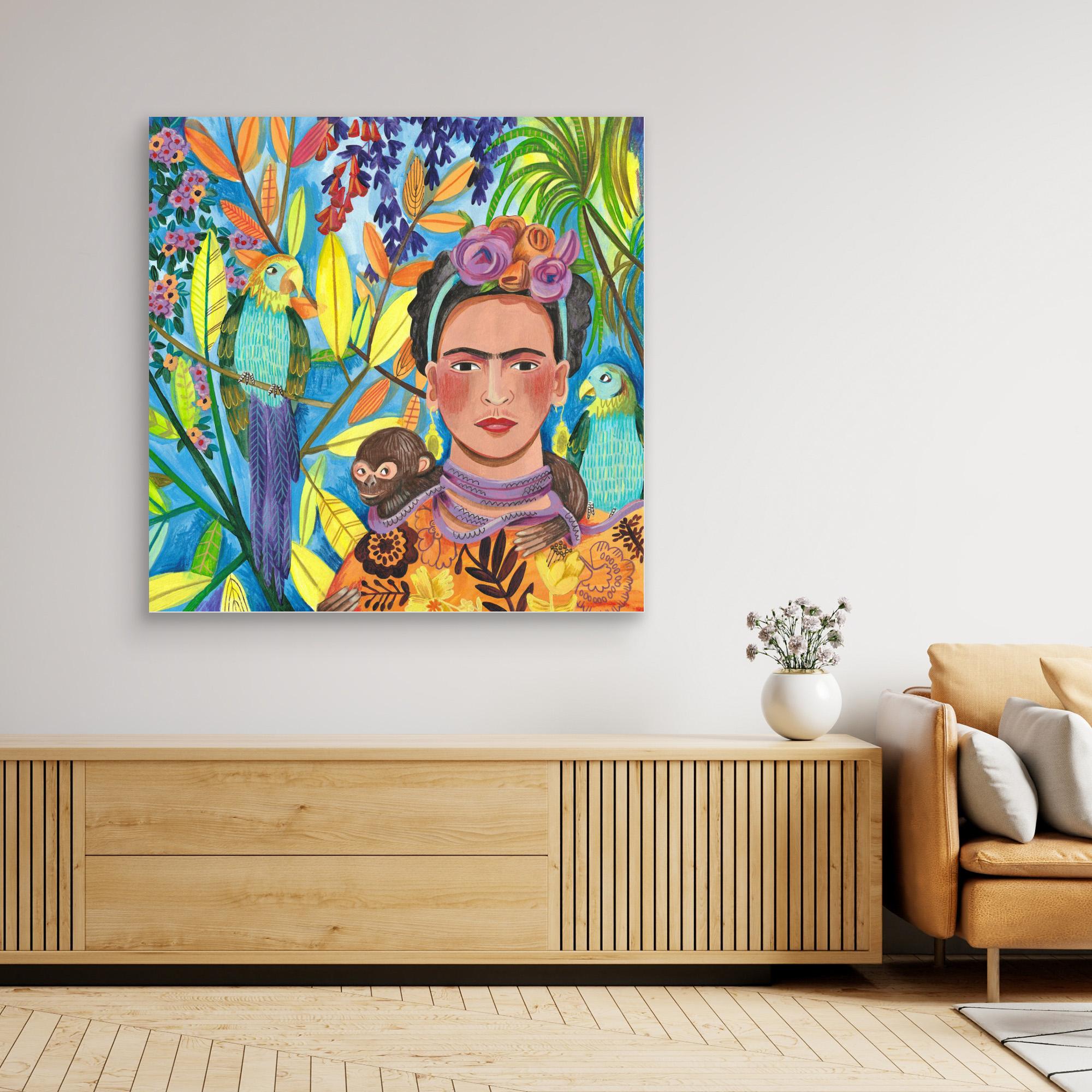 Frida and Her Parrots Canvas Print by Caroline Bonne Müller - Vibrant Wall Art for Living Room, Bedroom & Office Decor