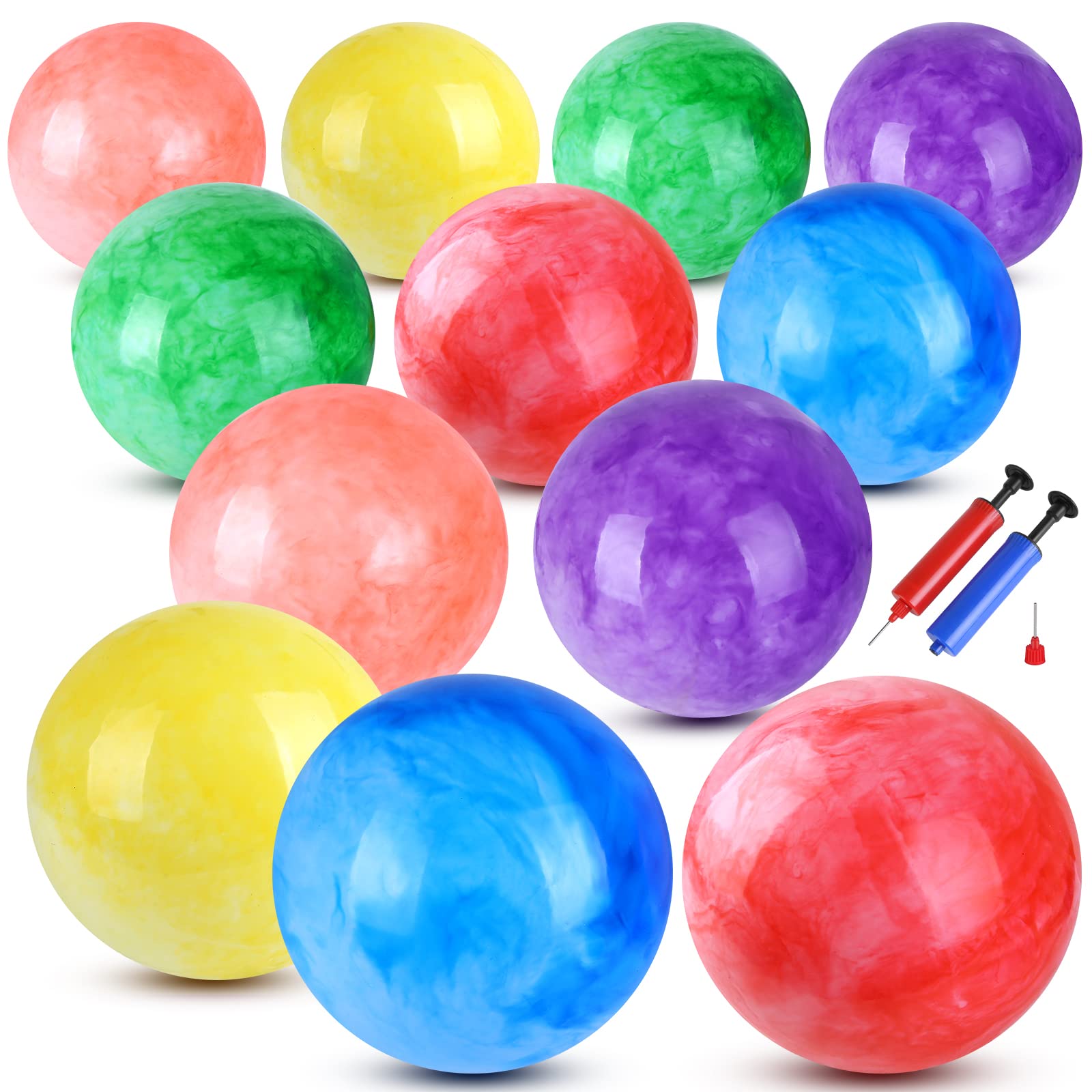 12 Pack 9-Inch Marbleized Bouncy Balls for Kids - Inflatable Sensory Play Balls with Air Pump - Perfect for Beach, Playground, School, Kickball & Water Games - Great for Outdoor Activities, Birthday Parties & Stress Relief
