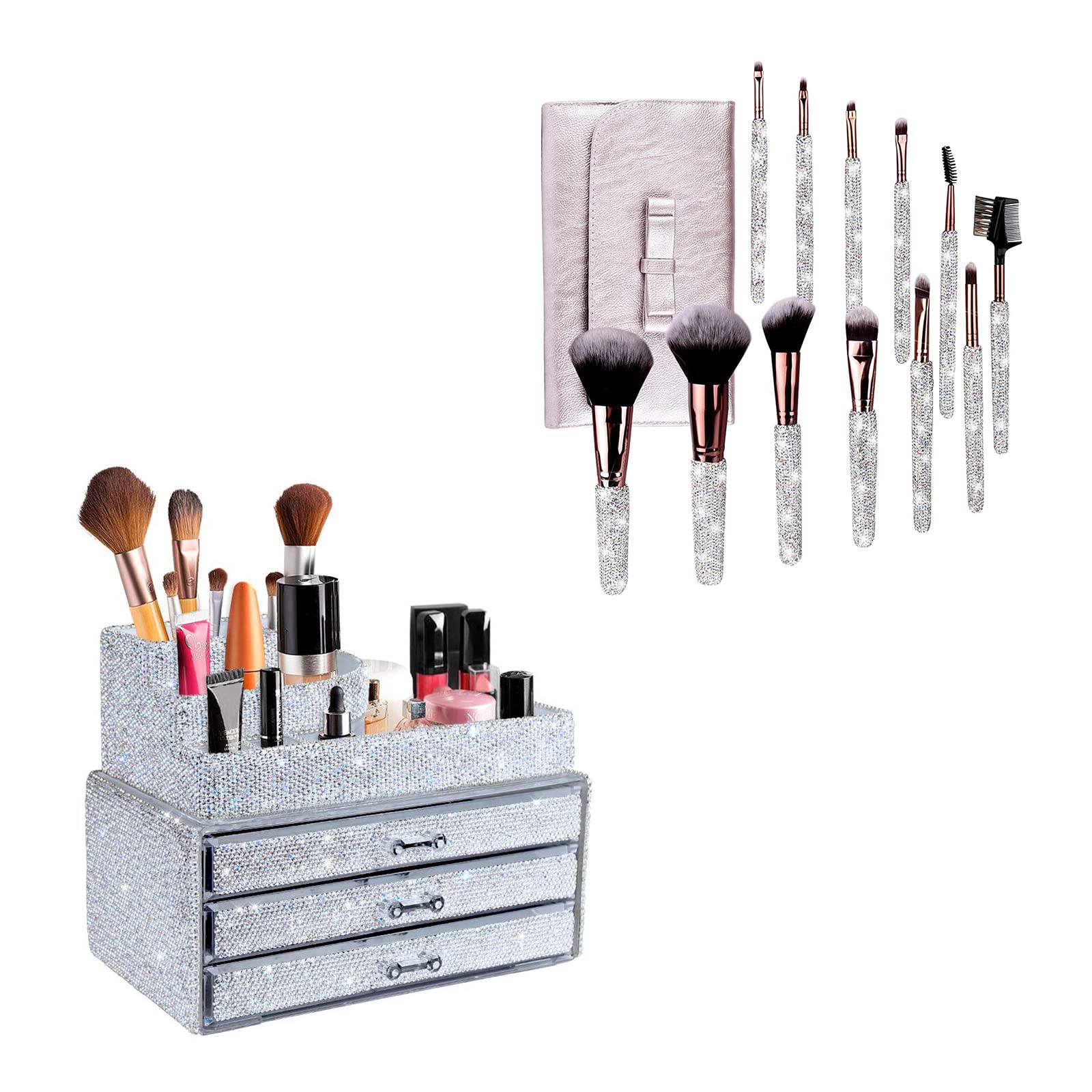 KEYPOWER Bling Rhinestone Makeup Organizer with 12PCS Makeup Brushes & Pouch Bag - White Cosmetic Jewelry Storage Drawer for Vanity, Bathroom & Travel Organization
