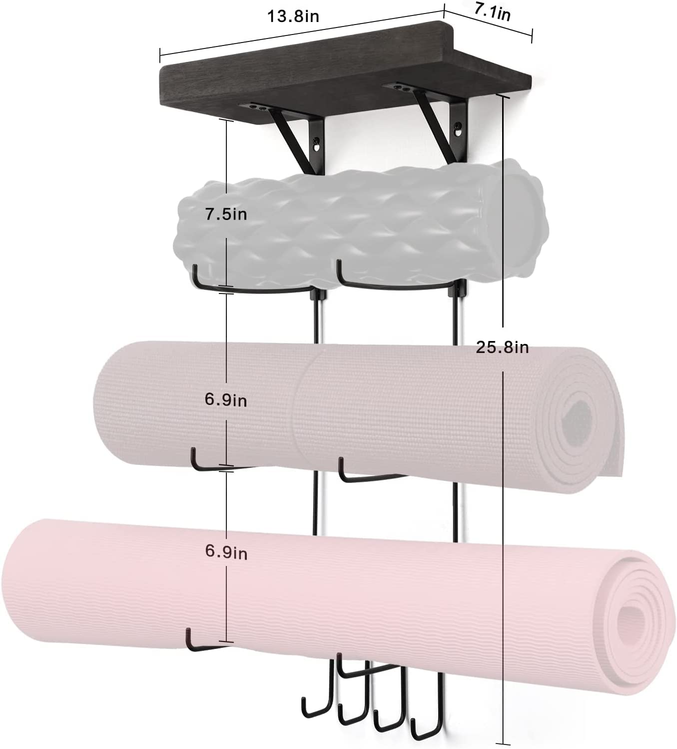 VINAEMO Yoga Mat Holder Wall Mount Organizer - 4 Hooks & Wooden Shelves for Foam Roller, Towel, Resistance Bands Storage - Perfect for Home Gym, Yoga Studio, School & Office Organization