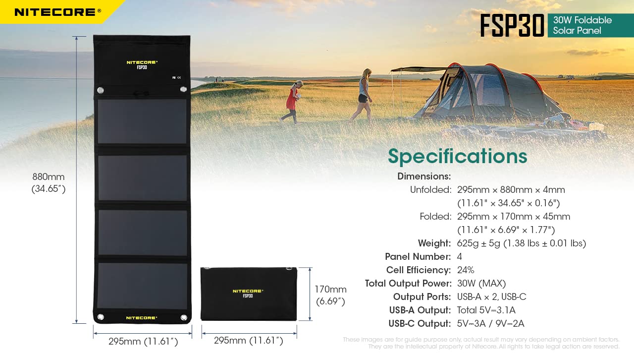 NITECORE FSP30 30W Portable Solar Charger with USB-A & USB-C | 4 Foldable High-Efficiency Panels | Fast Charging for Phones, Tablets, Power Banks | Perfect for Camping, Hiking, RV Trips & Outdoor Adventures