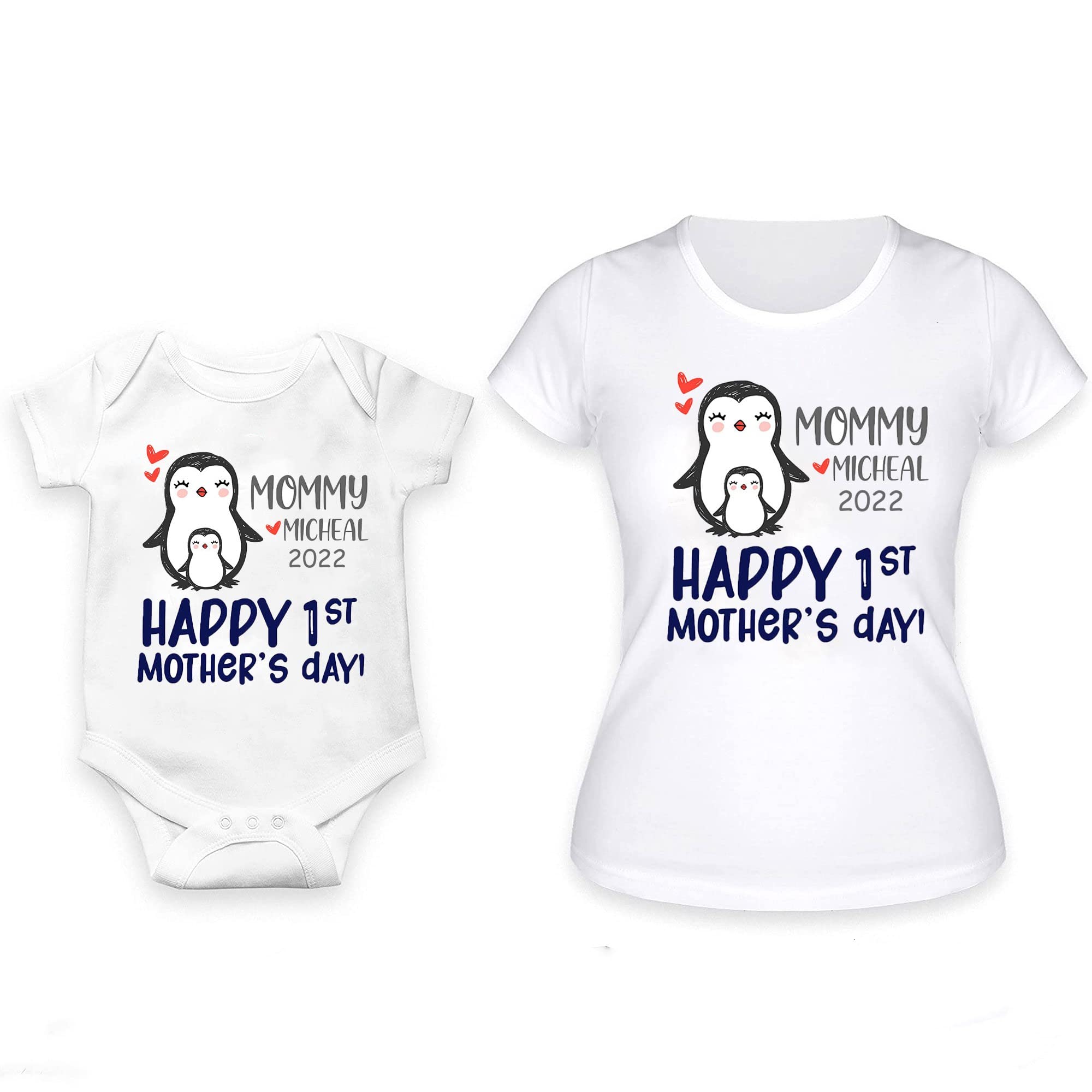 Our First Mother's Day Matching Shirts - Penguin Mom & Baby T-Shirt & Bodysuit Set - Personalized Mommy and Me Outfit 2022 - Cute Matching Family Pajamas for Mother's Day Photos & Celebrations