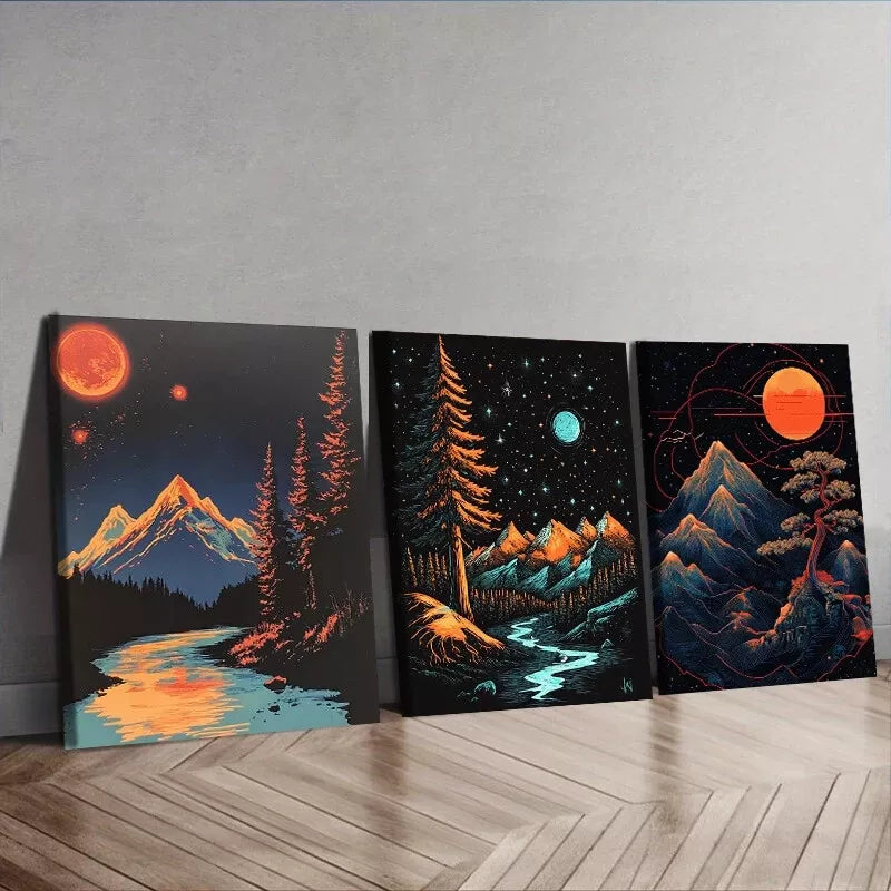 3-Piece Starry Sky Moon Wall Art Set - Framed Canvas Prints 50x70cm - High Quality Australian Made Nature Decor - Perfect for Living Room, Bedroom & Office Decor
