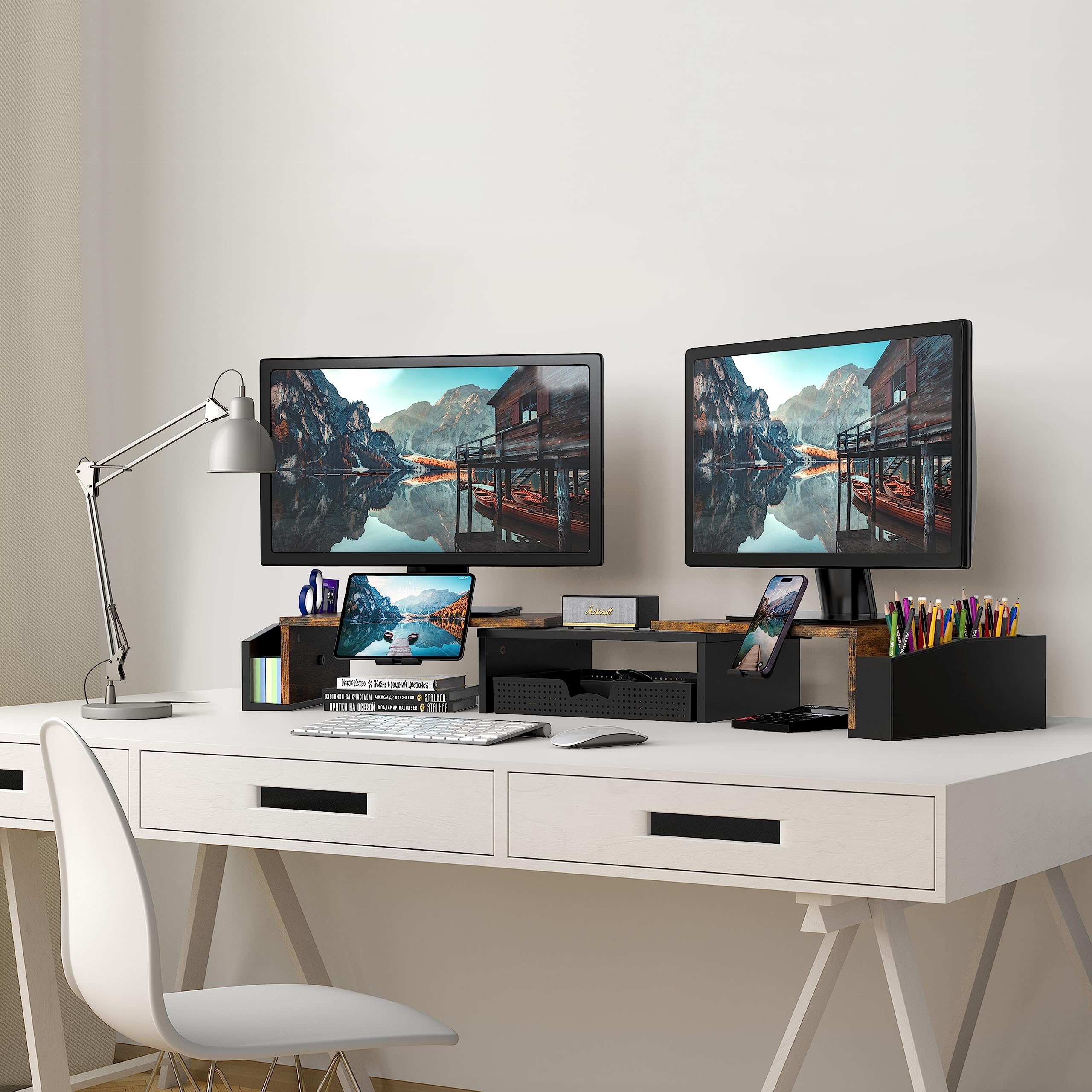 Dual Monitor Stand Riser with Storage Drawer - Rustic Brown Wooden Desk Organizer for Home Office & Gaming Setup