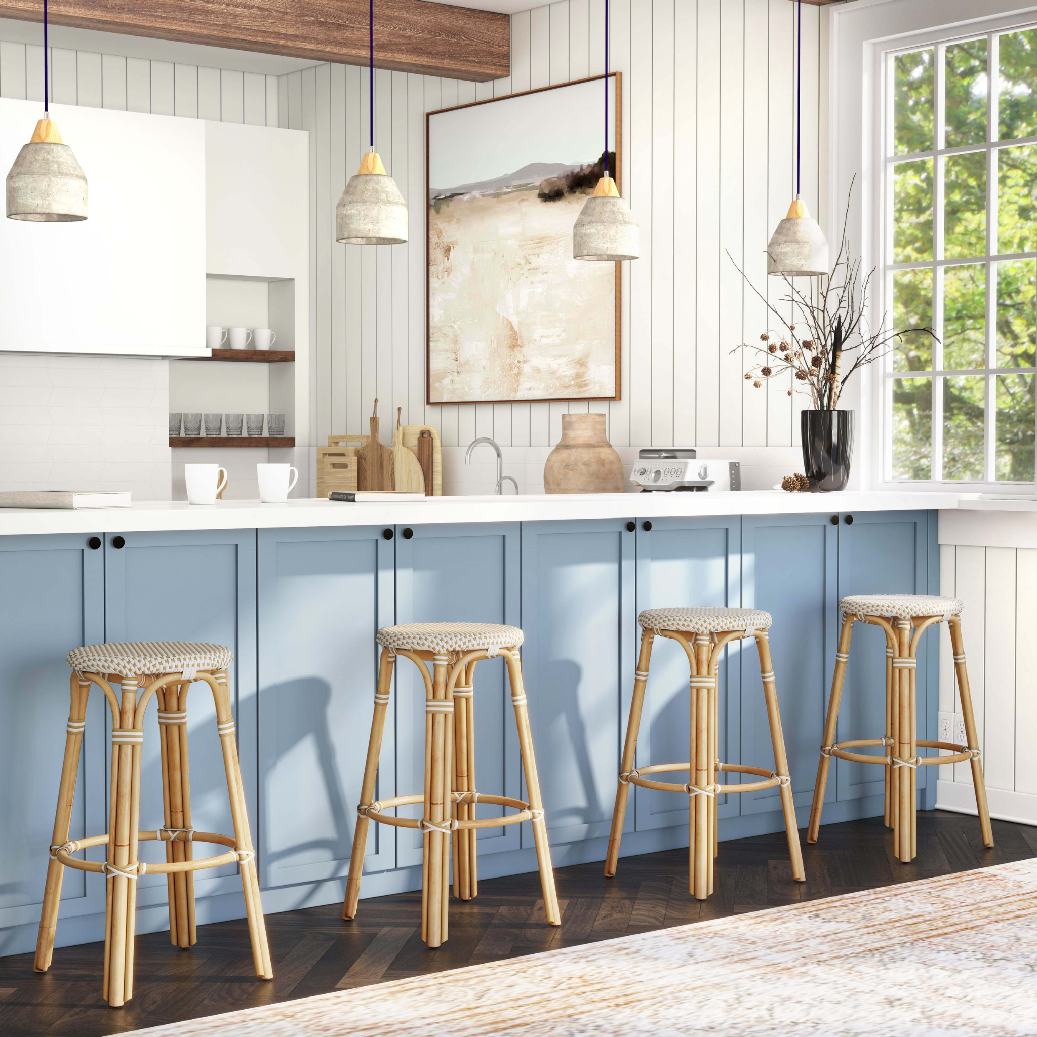 Beige and White Rattan Bar Stool - Natural Wicker Counter Height Stool with Cushion - Perfect for Kitchen Island, Breakfast Nook & Home Bar Decor