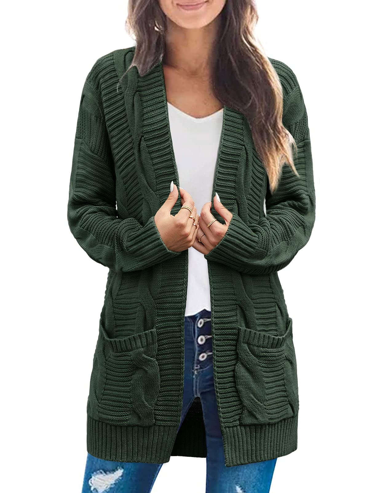 MEROKEETY Women's Long Sleeve Cable Knit Cardigan Sweater - Open Front Fall Coat for Women - Cozy Winter Outwear for Office, Date Night & Casual Wear