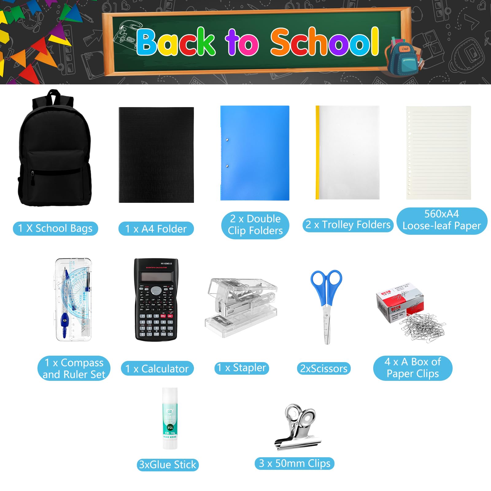 80-Piece Complete School Supply Kit with Backpack - Bulk School Essentials for Elementary, Middle & High School Students - Includes Folders, Notebooks, Pencils & More (Black) - Perfect for Back to School, Classroom Organization & Homework Supplies