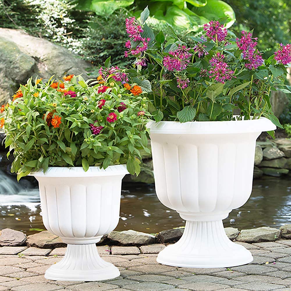 Classic White Plastic Urn Garden Planter - 19 Inch Outdoor Flower Pot (Pack of 2) for Patio, Porch & Lawn Decor | Durable Weather-Resistant Plant Container