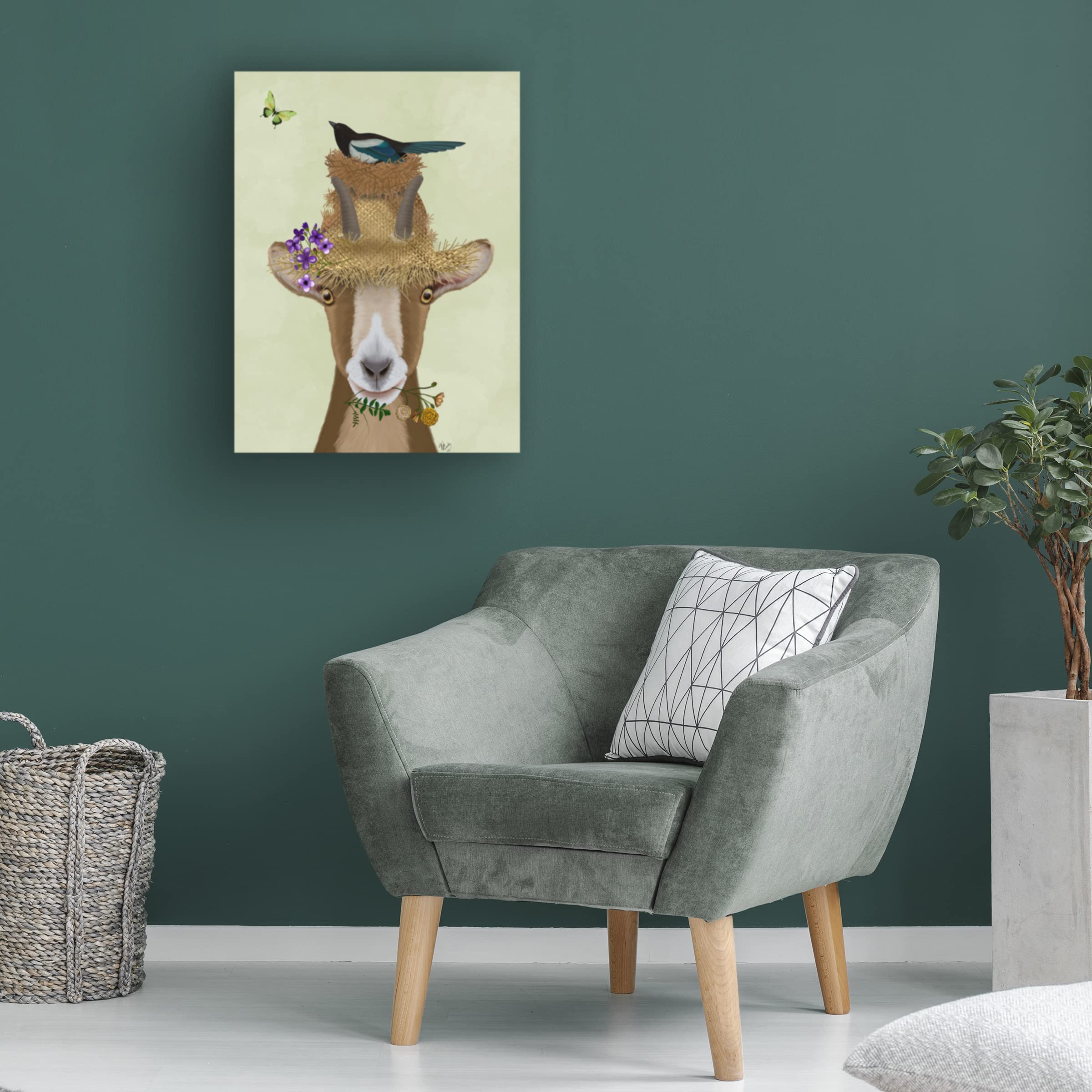 Fab Funky 'Goat In Straw Hat' Canvas Wall Art Print - Farmhouse Animal Decor for Living Room, Bedroom & Office