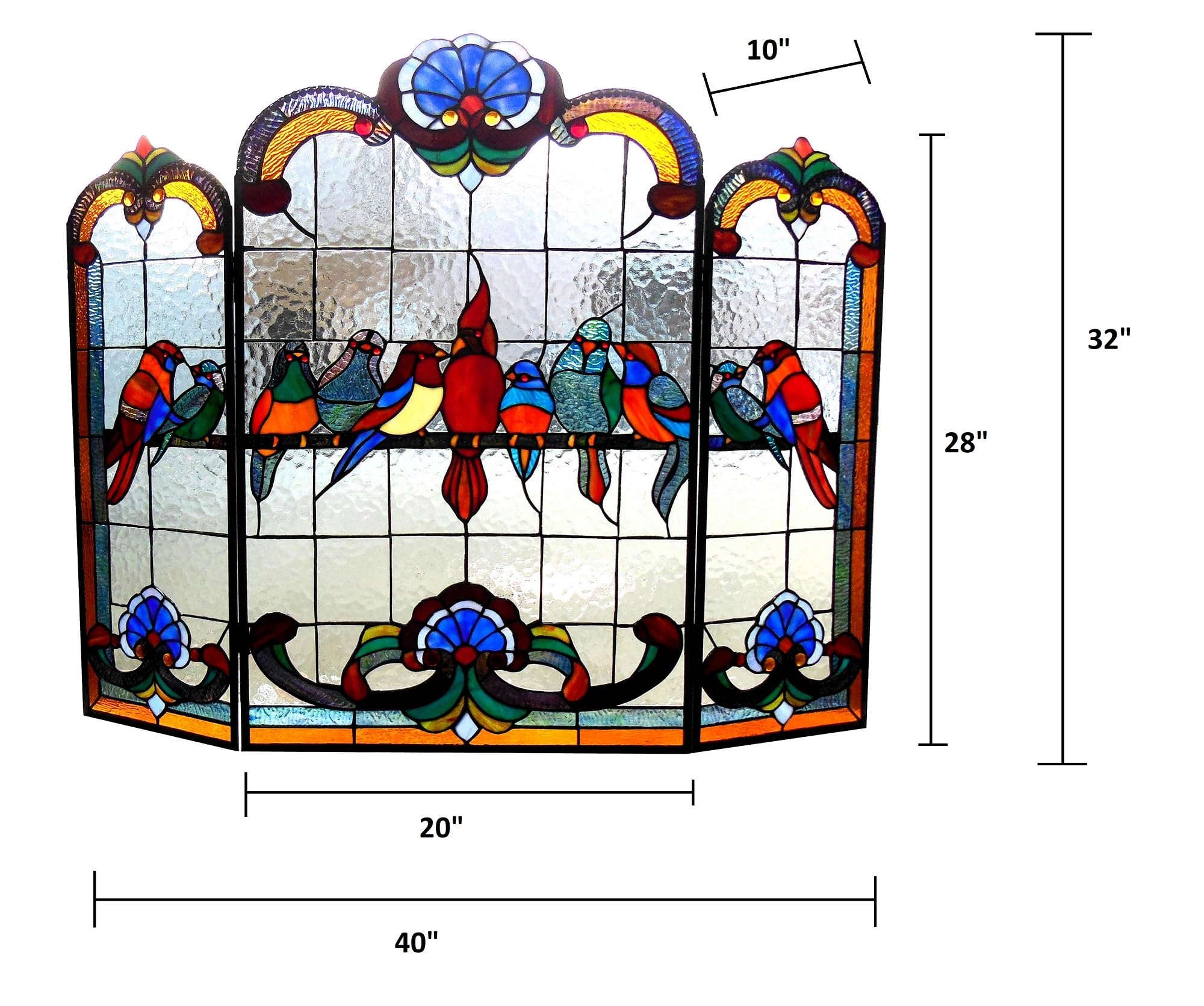 Tiffany Glass 3-Piece Folding Fireplace Screen - 40 Inch Wide Fire Guard for Home Decor & Safety - Perfect for Living Rooms, Bedrooms, and Rustic Interiors