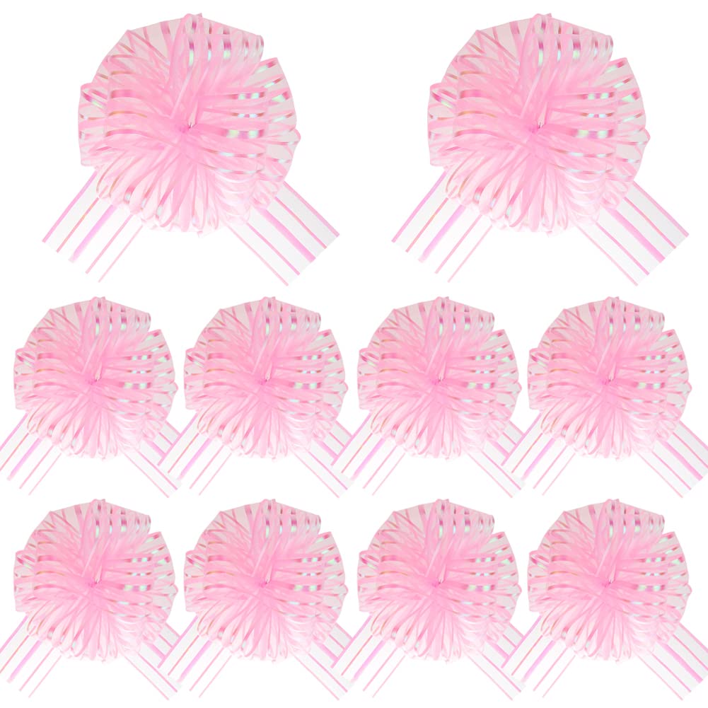 10-Piece Large Organza Pull Bows for Gift Wrapping - 6 Inch Diameter Light Pink Wedding Ribbon Bows for Gift Baskets, Party Favors & Holiday Presents