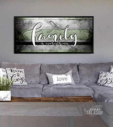 Family Is Everything Wall Art - Framed Canvas Painting for Living Room & Farmhouse Decor - Large 42x19 Inch Green & Black Floating Frame - Perfect for Home, Office, and Gift Giving