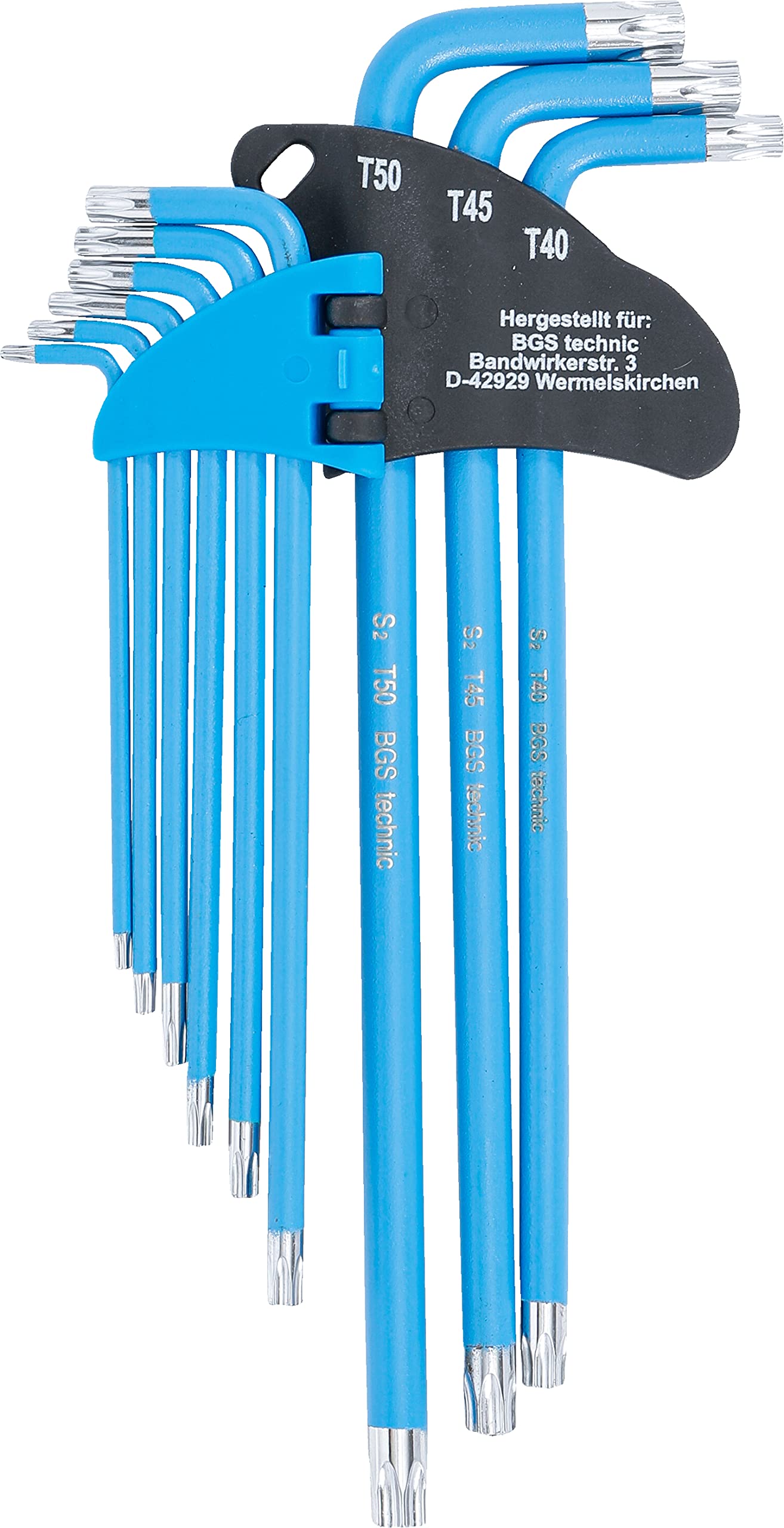 BGS 35105 L-Type Wrench Set - 9 Piece Torx T10 to T50 Star Bit Set with Tamperproof Security Bits for Automotive, Electronics & DIY Repairs